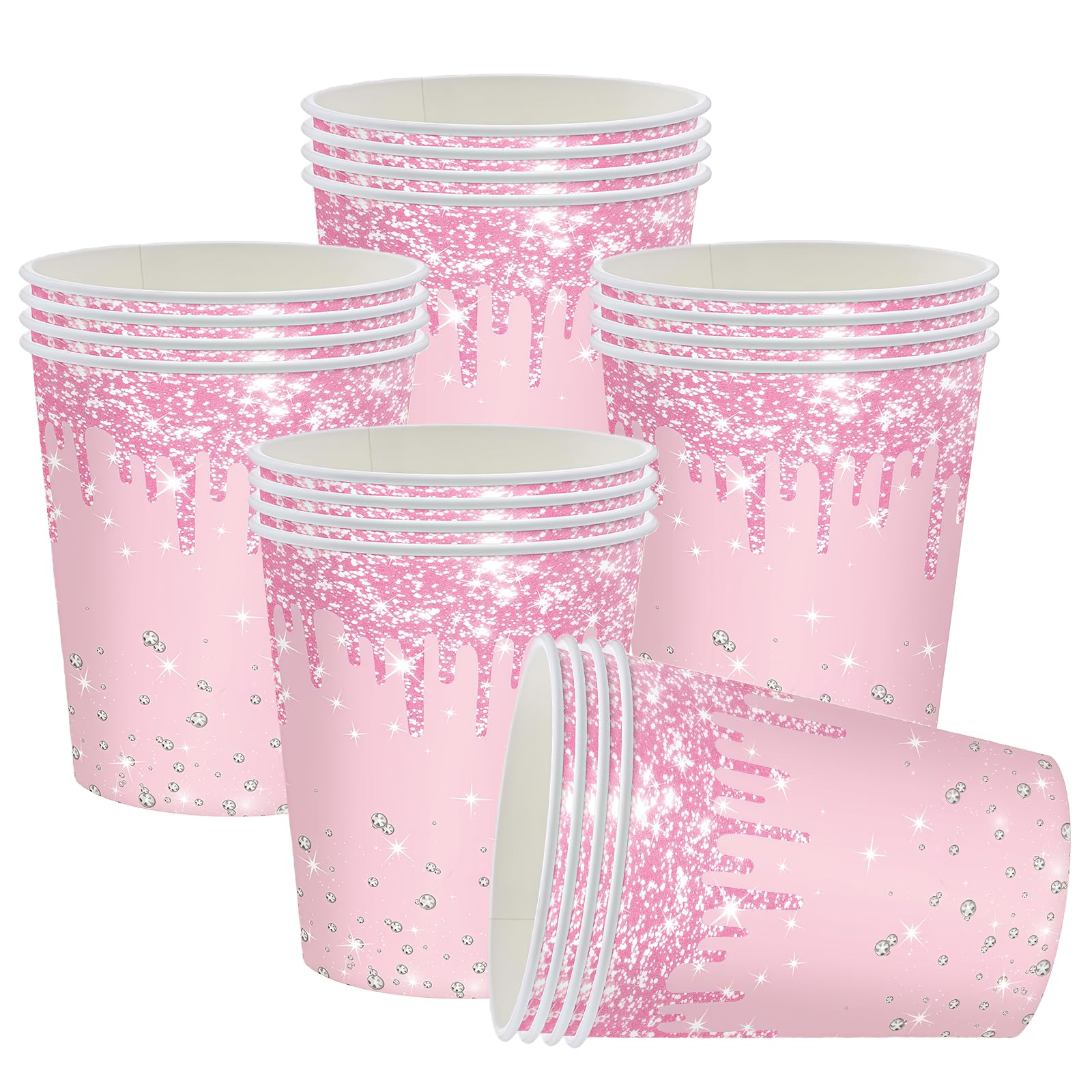 ATBEAMEN 20Pcs Pink Paper Cups 9oz,Diamond 250ml Drinking Cups Disposable Party Paper Cup Sparkling Pink Cup for DIY Birthday Christmas,Picnic,Baby Shower Wedding Party Cups Supplies