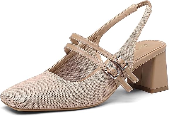 NEWBELLA Womens Low Heel Mary Jane Pumps - Chunky Slingback Dress Shoes with Square Toe & Buckle Strap for Wedding/Bridesmaid/Office