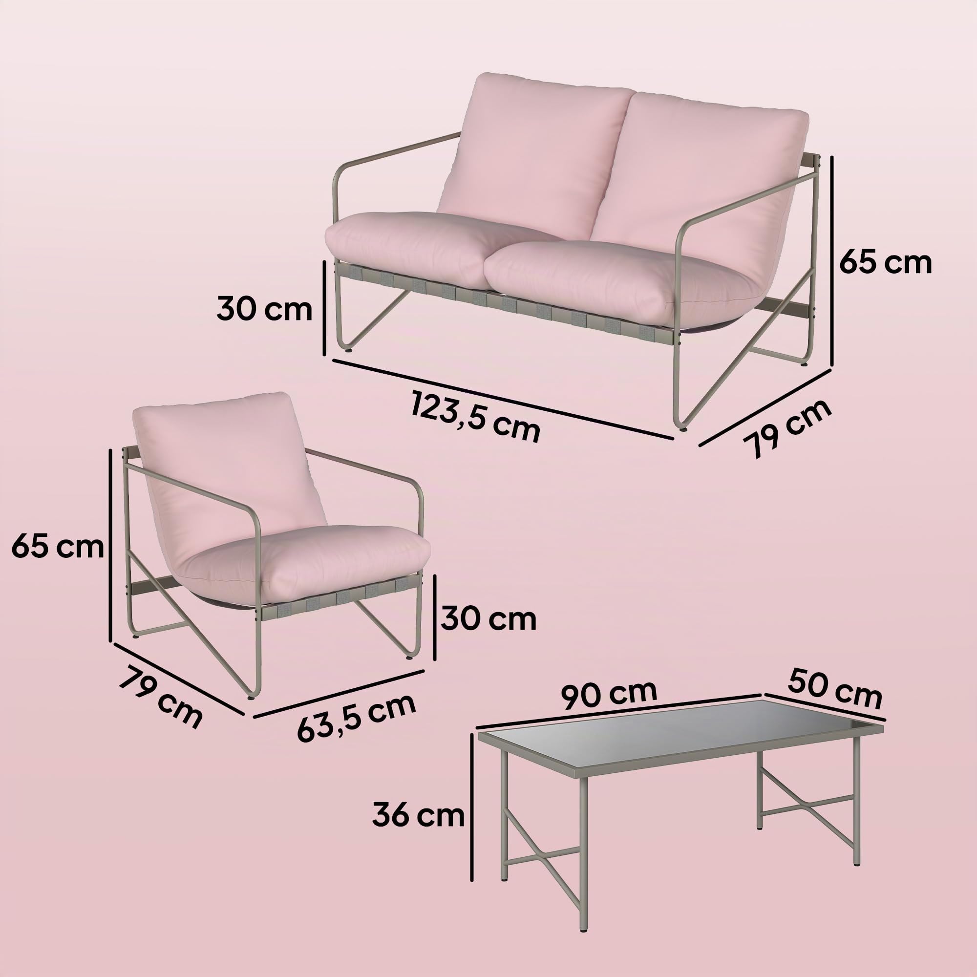 Outsunny Conjunto de Jardín Exterior de 4 Piezas con Sofá de 2 Plazas Rosa | Muebles Jardín Exterior, 2 Sillones, Mesa de Vidrio Templado, Cojines Gruesos, para Terraza