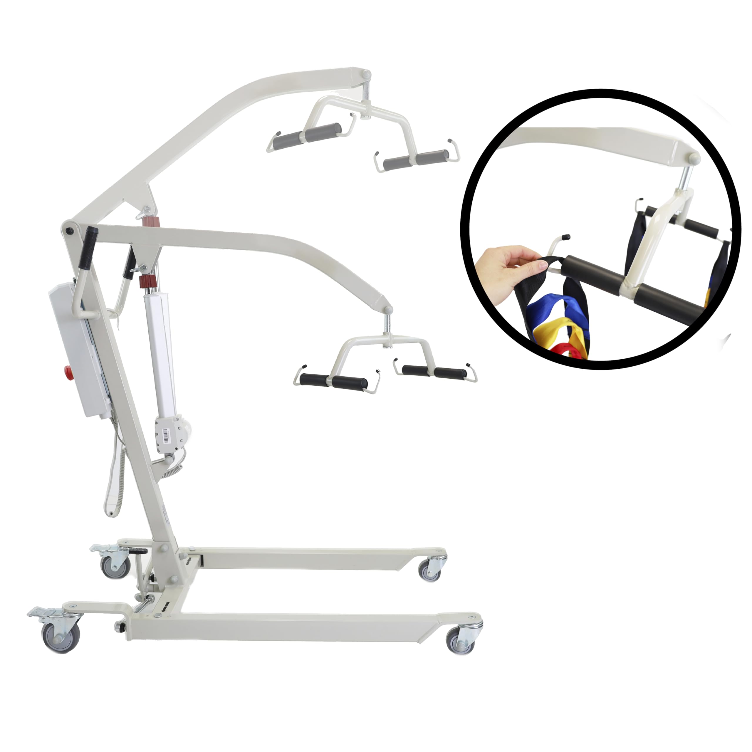 PEPE Mobility Grúa para Personas Mayores Eléctrica (hasta 150 kg), Arnés de Transferencia Incluido, Ancho Ajustable, Ruedas con Bloqueo Seguridad