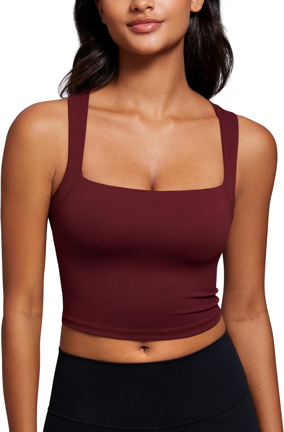 CRZ YOGA Butterluxe Womens Longline Square Neck Sports Bras - Basic Crop Tank Yoga Workout Tops with Built in Pads