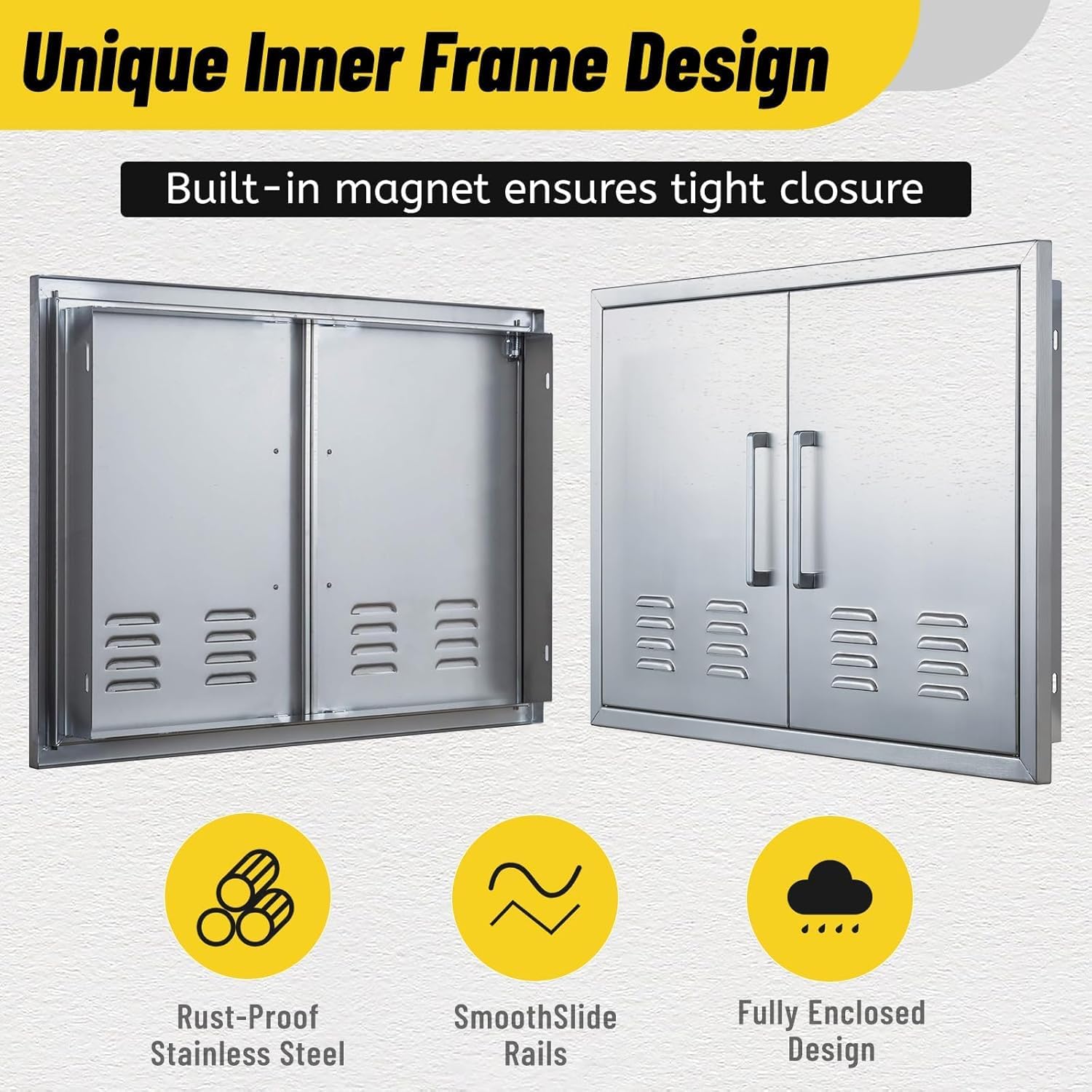 Outdoor Kitchen Doors, 30x21 Inch 304 Stainless Steel BBQ Access Door with Vent, Double Steel Doors for Outdoor Grill Island