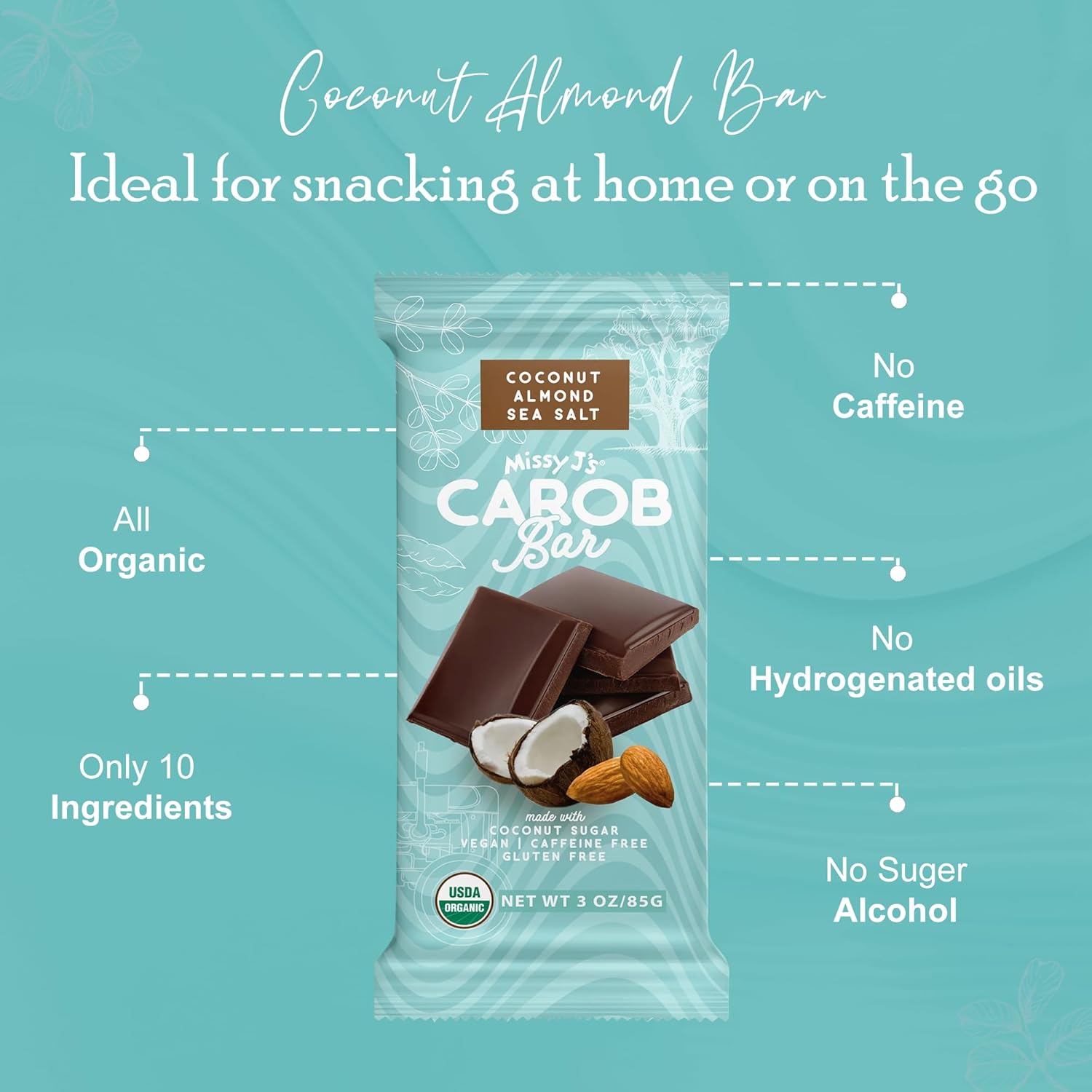 Missy J's Organic Coconut Almond Bar 3 Oz 6 Pack Made with Coconut Sugar, Vegan, Gluten Caffeine Free, Healthy Substitute for Chocolate, Perfect for Snacks and Treats