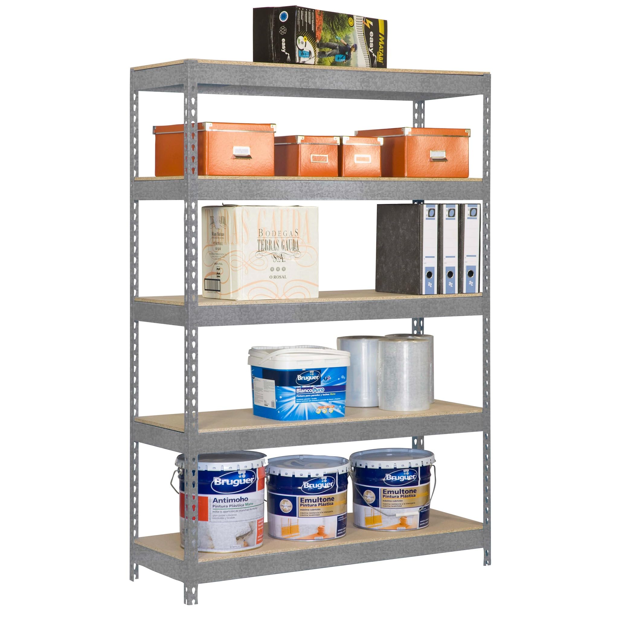 Simon Rack Estanteria Industrial, 2000x1200x600 mm, 300 kg de Punto Flexión, 5 Estantes Madera, Estanterias Almacenaje, Estanterias Metalicas, Galvanizado/Madera - SimonTaller