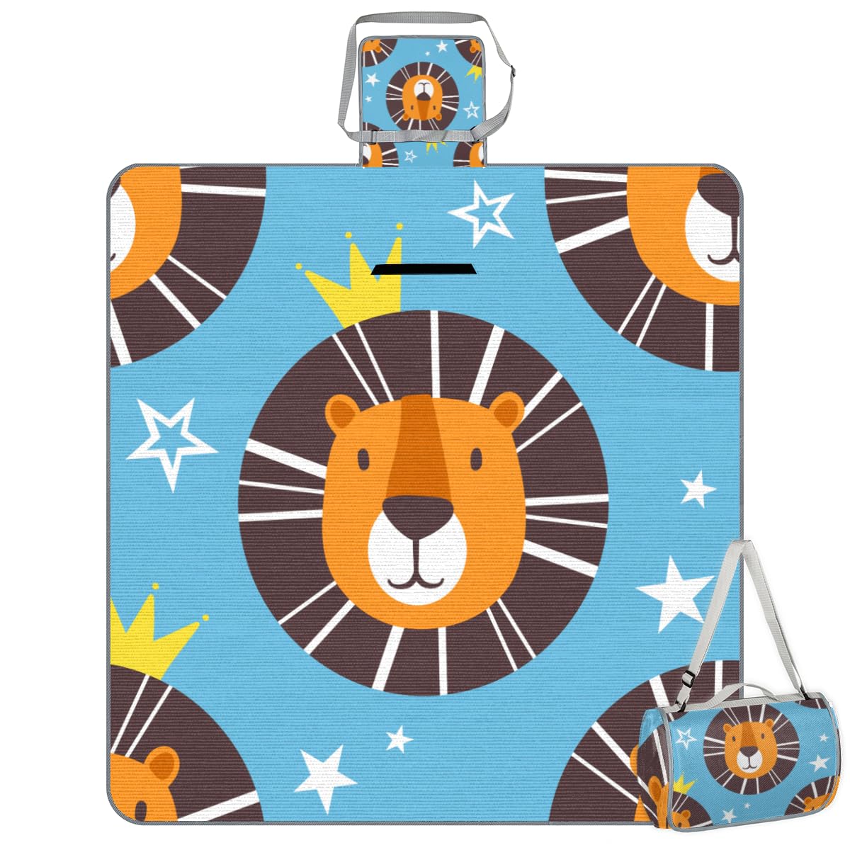 Shimoshe Picnic Blankets 57”x 59”, Crown Cartoon Lion Waterproof Sandproof Picnic Mat Lightweight Foldable Beach Blanket for Camping Park Grass Beach Outdoor Blanket
