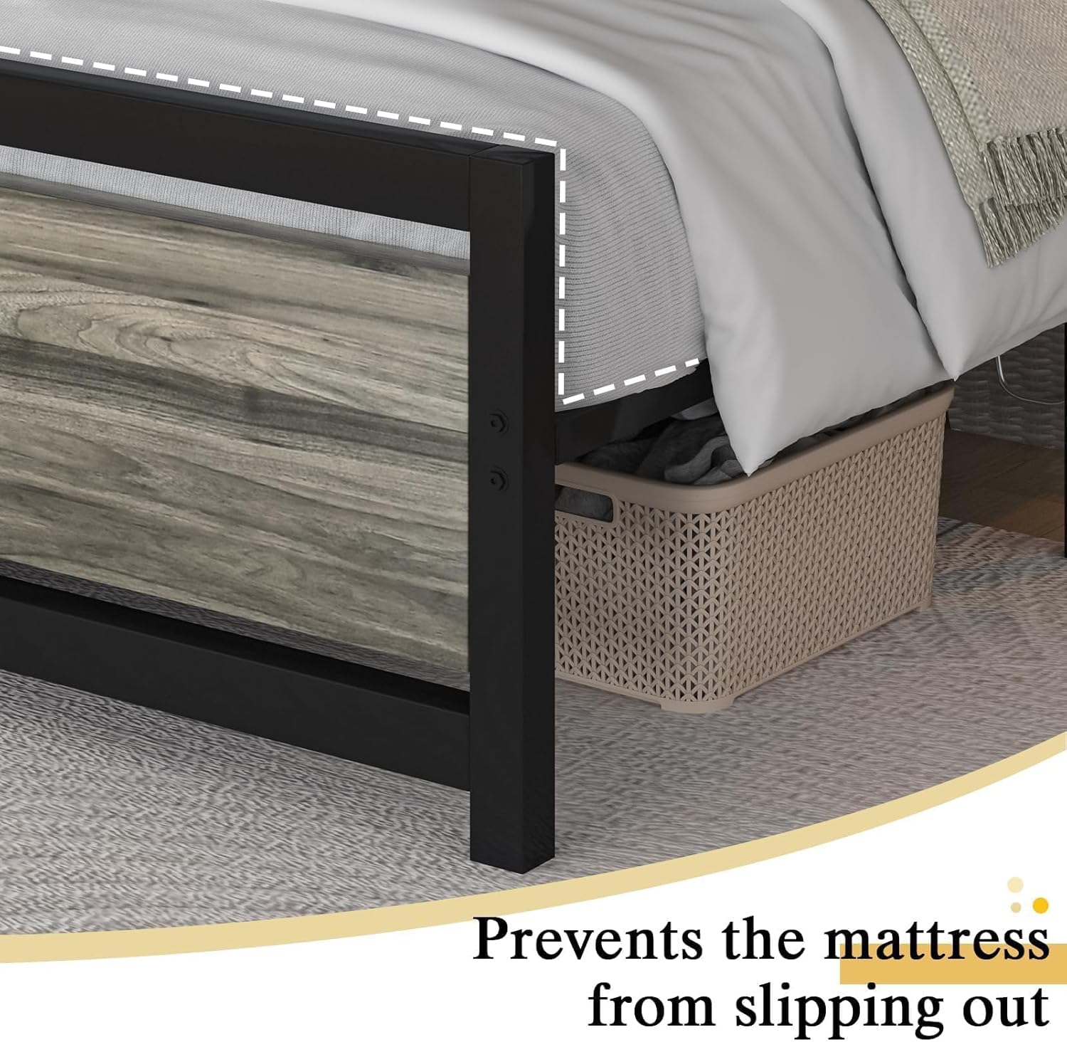 Close-up of the bed frame's edge showing a raised lip designed to prevent the mattress from slipping out.
