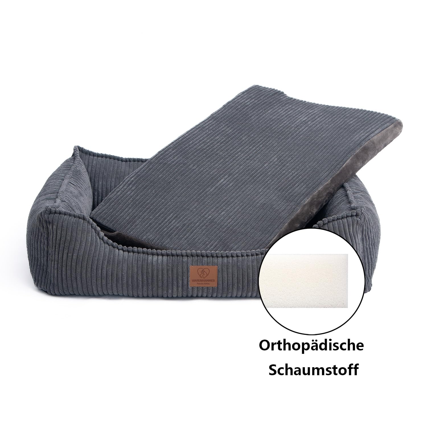 Orthopädisches Premium Hundebett aus Cord für kleine und mittelgroße Hunde, extra Halteschlaufe, Wasserdichter Innenbezug, Hundesofa, Hundekissen, Bezug abnehmbar, waschbar, 80 x 60 x 17 cm, Grau (M)