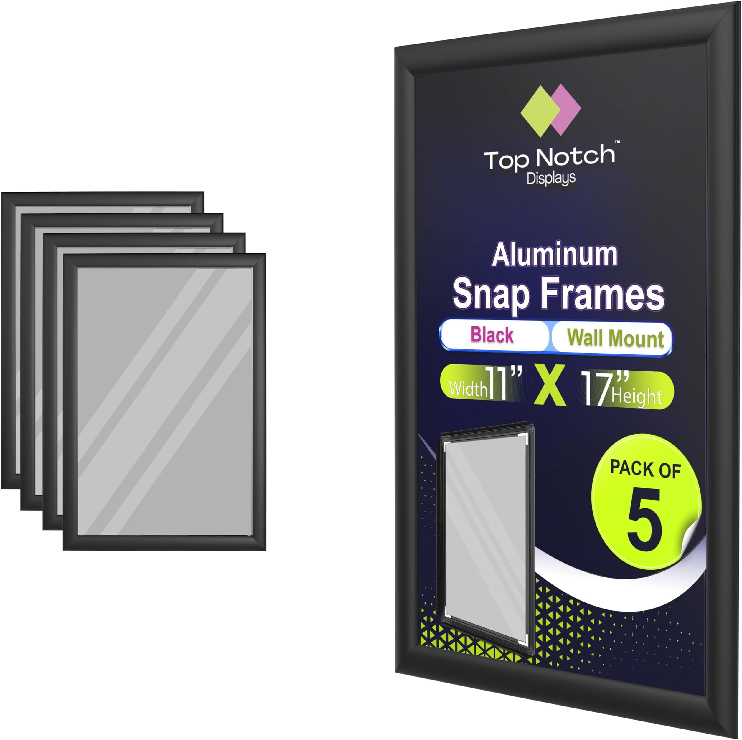 Snap Frames 11 x 17, Aluminum Frame, Wall Mount, 1" Profile, Black Powder Coated Finish, Great for Posters, Photos, Signage, Stylish Look for Offices, Retail, or Homes - Pack of 5