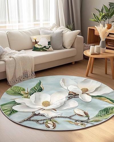 Miniatura 6 de Alfombra redonda retro con flores blancas de 6 pies, lavable para interiores y exteriores, para dormitorio, cocina, baño, sala de estar, área de