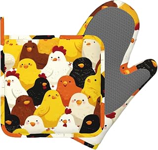 Funny Cartoon Chicken Oven Mitts and Pot Holders Sets Silicone Kitchen Mitts Potholders Heat Resistant Oven Gloves Hot Pads for Kitchen Baking Cooking