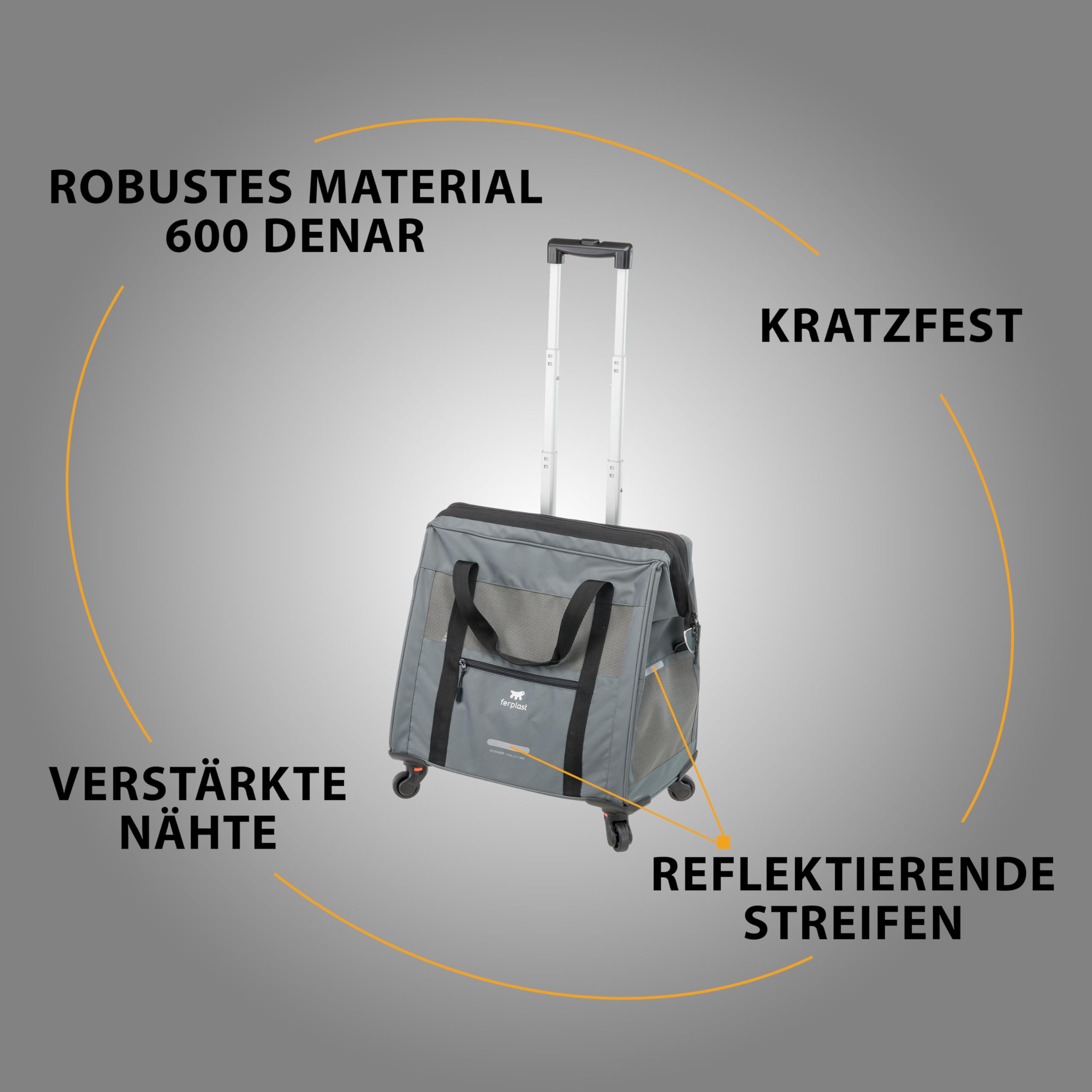 Ferplast Hundebox Voyager Trolley, Transportbox Katze, Hundetasche, ausziehbarer Griff, verstellbare Gurte, breite Öffnung, abnehmbare Räder, max. 15 kg, 46 x 26 x 48H cm, Grau