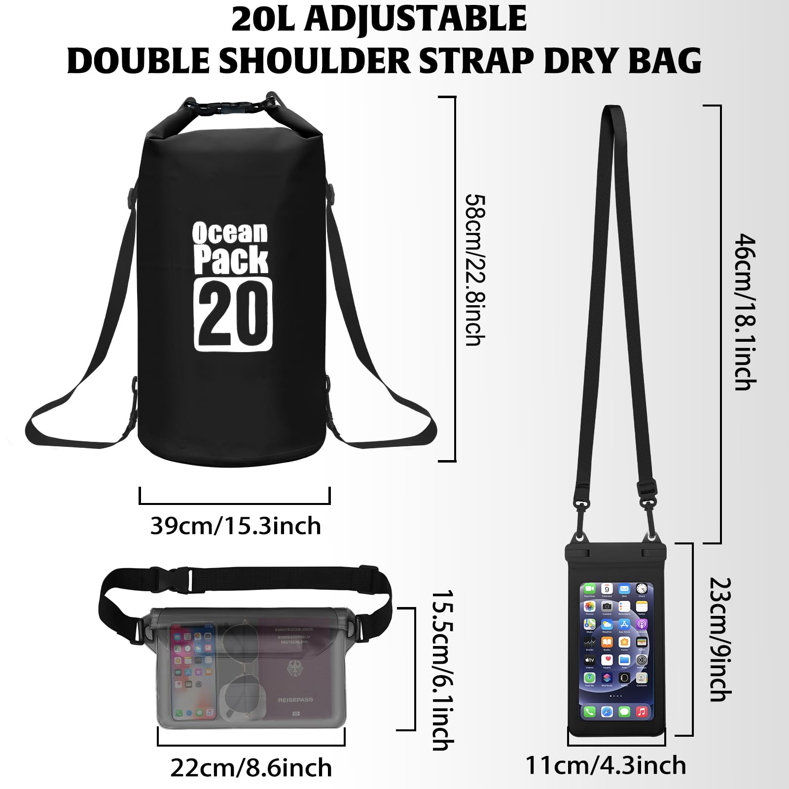 Gucass Dry Bag, 20 L Worek wodoszczelny Wodoszczelna torba regulowanym pasek na ramię, na Telefon Komórkowy, Regulowany Pasek na Ramię, na kemping, rafting, pływanie, surfowanie, Czarny