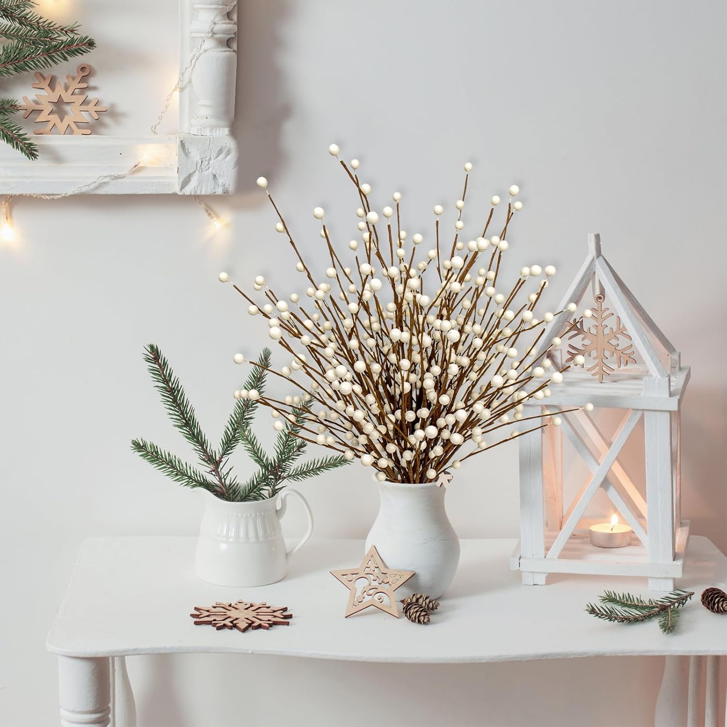 Christmas Tree Decorations 24 Pack Christmas Picks 17 Inch White Berry Stems with White Holly Berries for Xmas Winter Holidays Vase Filler Floral Arrangement Centerpieces