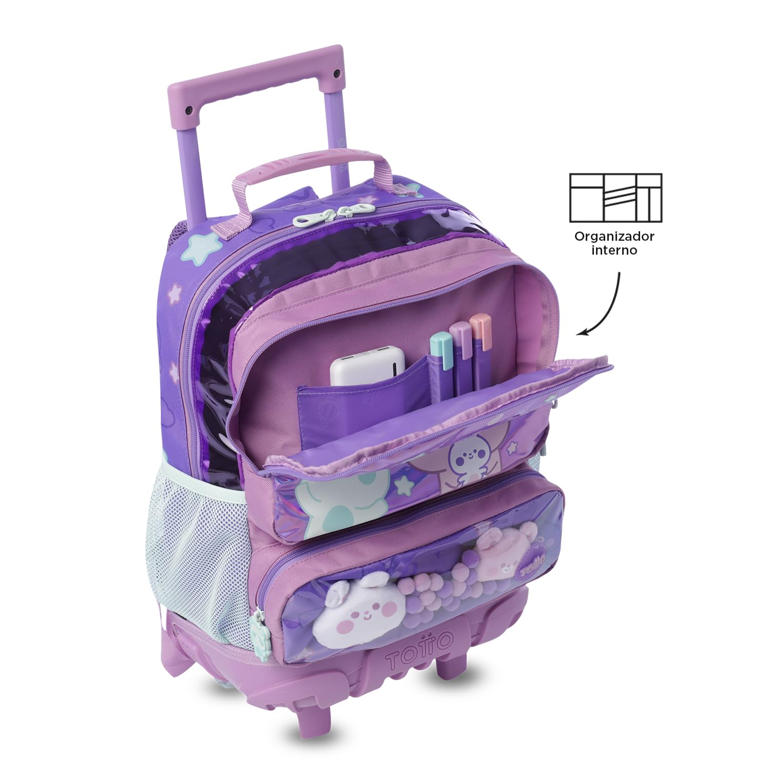 TOTTO - Mochila Escolar con Ruedas, Modelo Friends Party M, Mochila Mediana, Capacidad 23 L, Bolsillos Botella, 2 Compartimentos Frontales, Protección en la Base, Correas Ajustables, Estampado Morado
