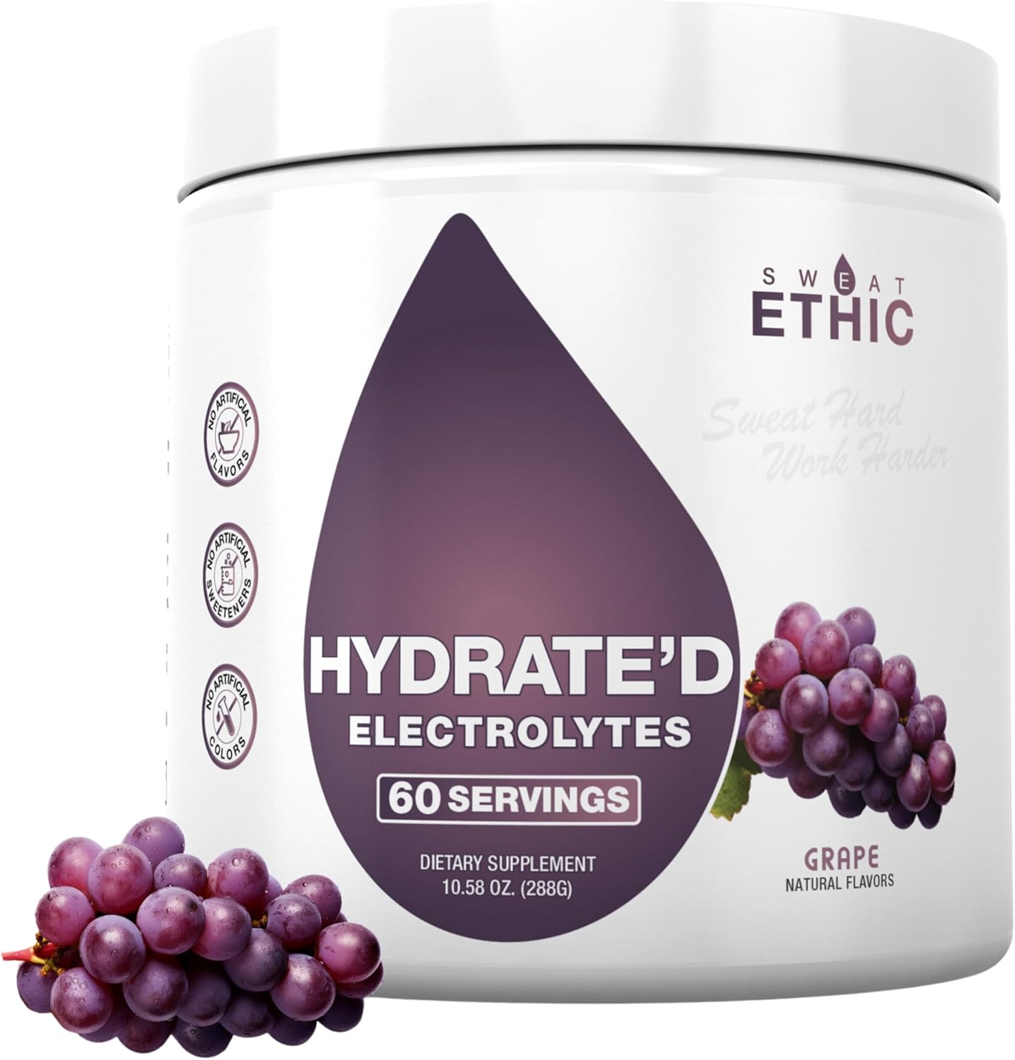 Sweat Ethic Hydrate’D Electrolytes, Electrolyte Powder with Potassium Magnesium & Vitamin C, Easy Mix Powder for Hydration & Performance Support, Natural Ingredients, Grape Flavor, 60 Servings