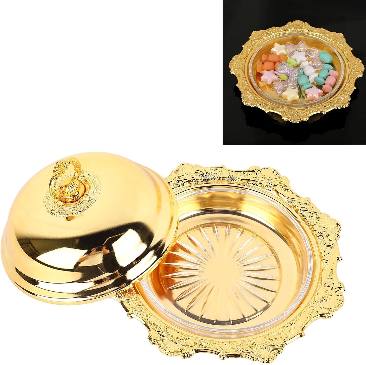 Round Butter Dish with Lid, Vintage Decorative Butter Serving Plate, Elegant Glass and Alloy Butter Holder for Refrigerator, Countertop, Wedding Party, for Any Occasion