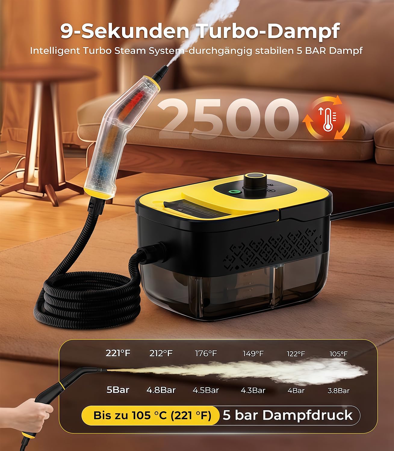 Dampfreiniger Handgerät mit 18-Teiligem Zubehör, 9s Turbo-Dampf mit 5 BAR Druck – 99,99% Reinigung & 100% Natürlich,Steam Cleaner für Boden, Küche, Bad, Fenster, Polster(Upgrade-Yellow)