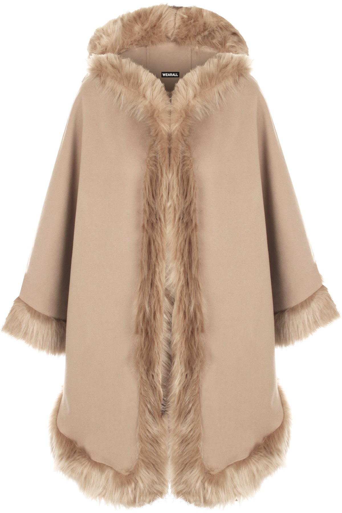 Wearall Women's Stone Plain Faux Fur Trim Hood Cape Shawl Cloak Poncho Coat Top - One Size