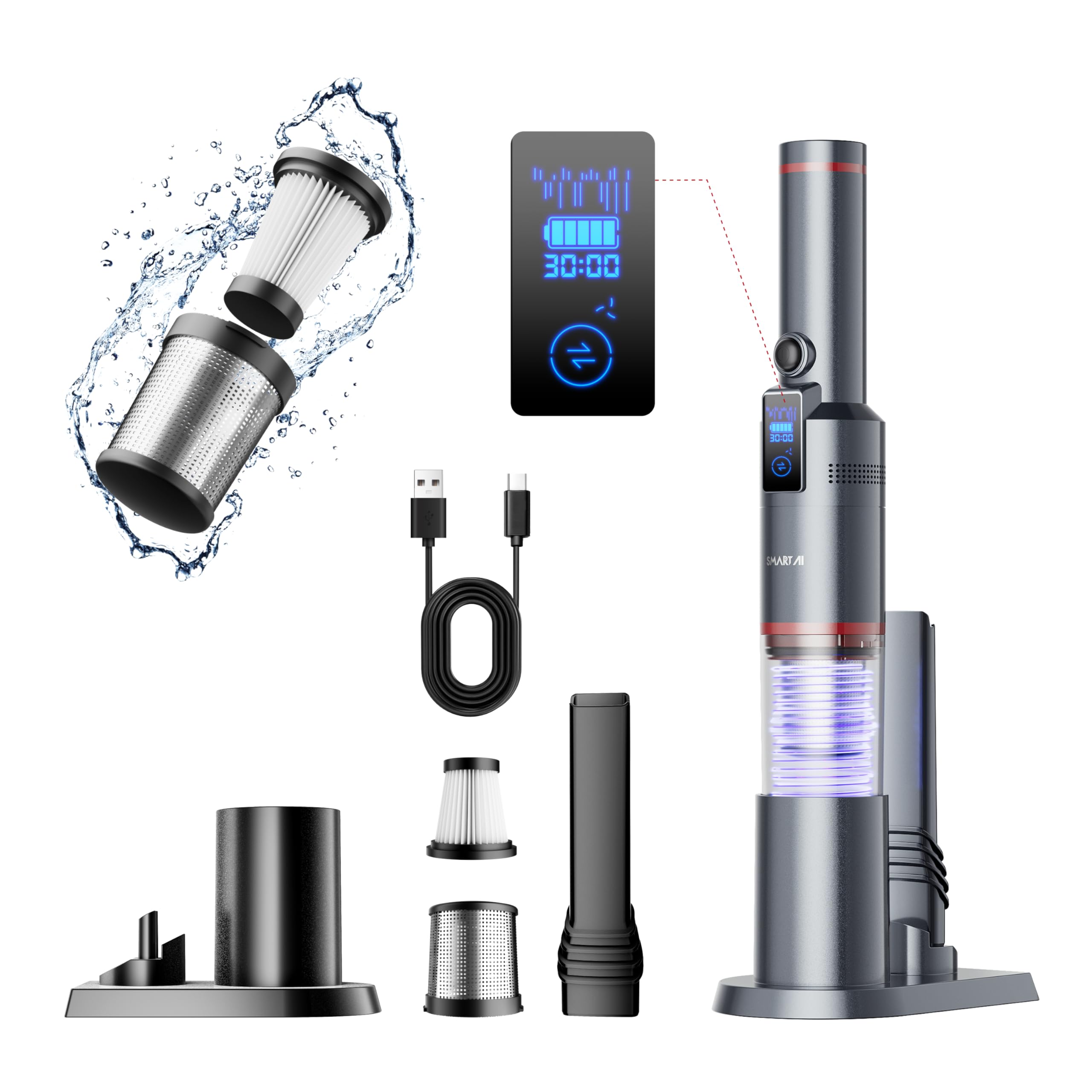 SmartAI LED Aspirabriciole Senza Fili 17000Pa Aspirapolvere Portatile Disponibile per 30 Minuti, con Schermo Intelligente, Base da 1,1 lb, Contenitore per la Polvere da 200 ml e Cavo di TipoC