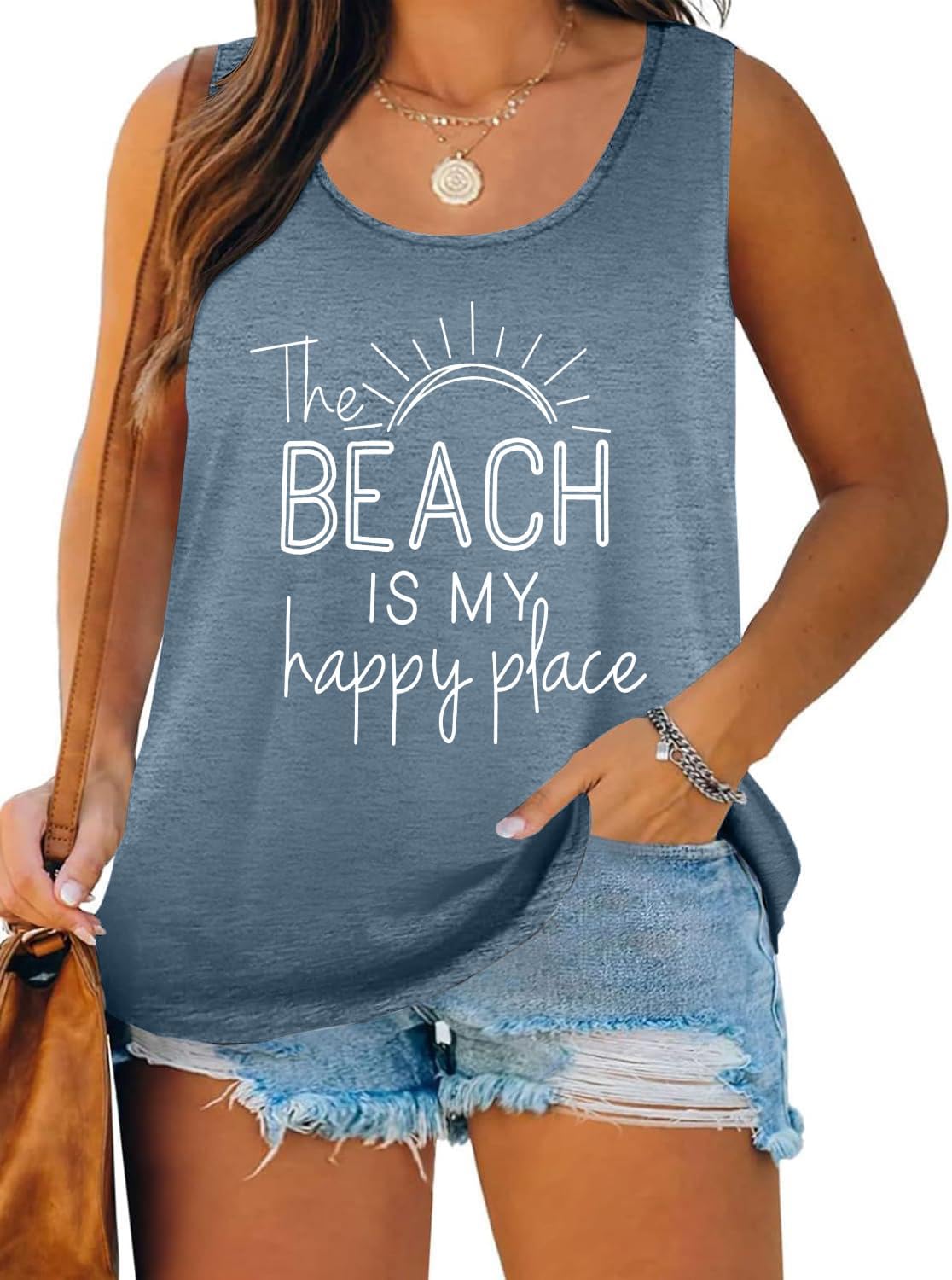 Plus Size Beach Tank Top The Beach is My Happy Place Graphic T-Shirt Women Sleeveless Shirt Hawaiian Vacation Tee