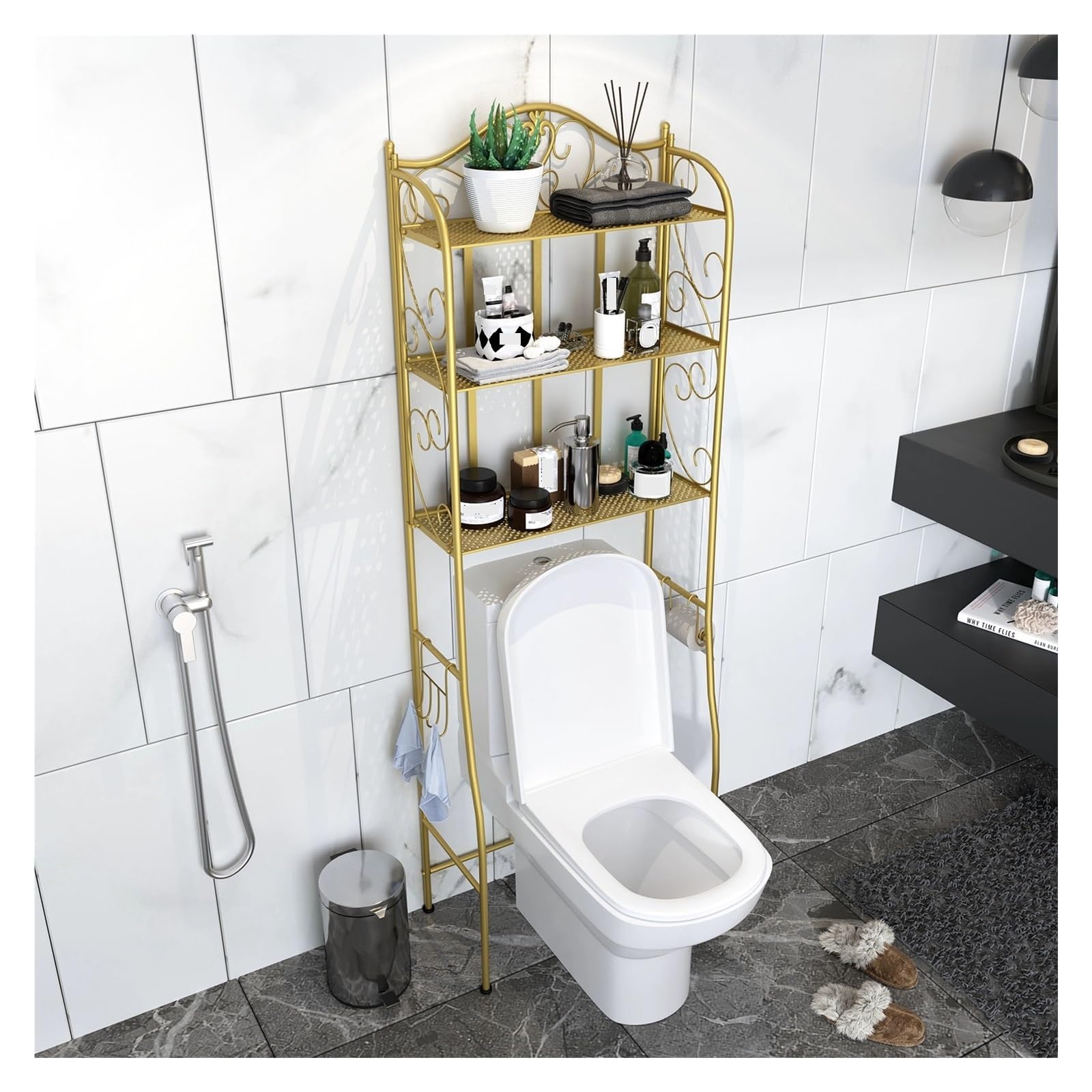 Badezimmer-Organizer über der Toilette, Freistehendes Toilettenschrank mit Haken, Badezimmerregale über dem Toilettenregal, Platzsparend