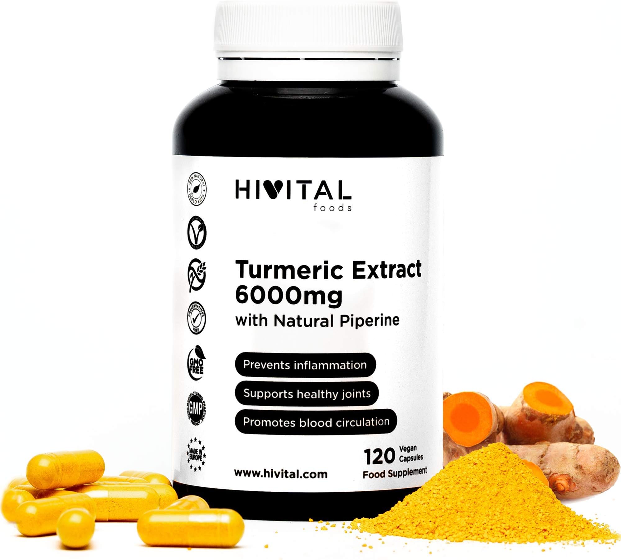 Turmeric Curcumin 6000mg concentrated extract | 120 vegan capsules | Powerful antioxidant for cardiovascular and joints health with highly concentrated Turmeric root | by Hivital