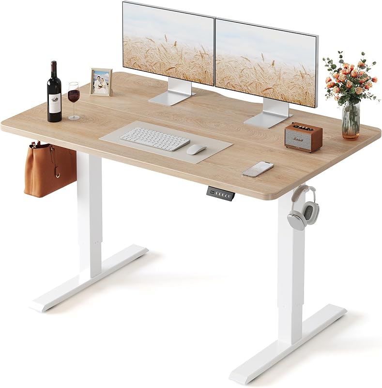 FEZIBO 55 x 24 Inchs Electric Standing Desk, Height Adjustable, Sit Stand Up, Computer Office Desk with Splice Board, White Frame/Maple Top | Sit and Stand Up Adjustable Desk, Home Office Computer Desk with 3 Customizable Memory Presets