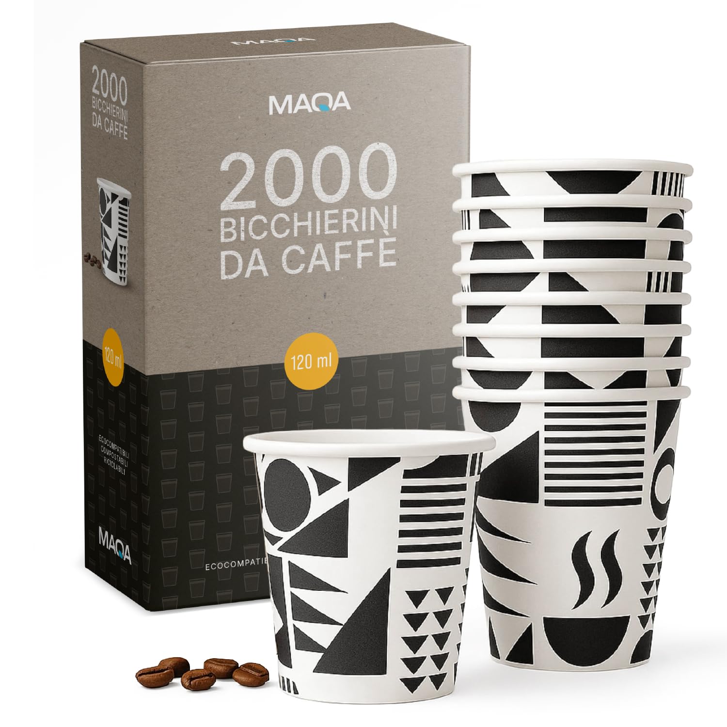 MAQA - 2000 Bicchierini Caffè Carta, 120ml COMPOSTABILI PER ESPRESSI MACCHIATI - Bicchieri Caffe Monouso Ecologici, Resistenti al Calore, Riciclabili, Ideali per Espresso, Casa, Eventi e Ufficio