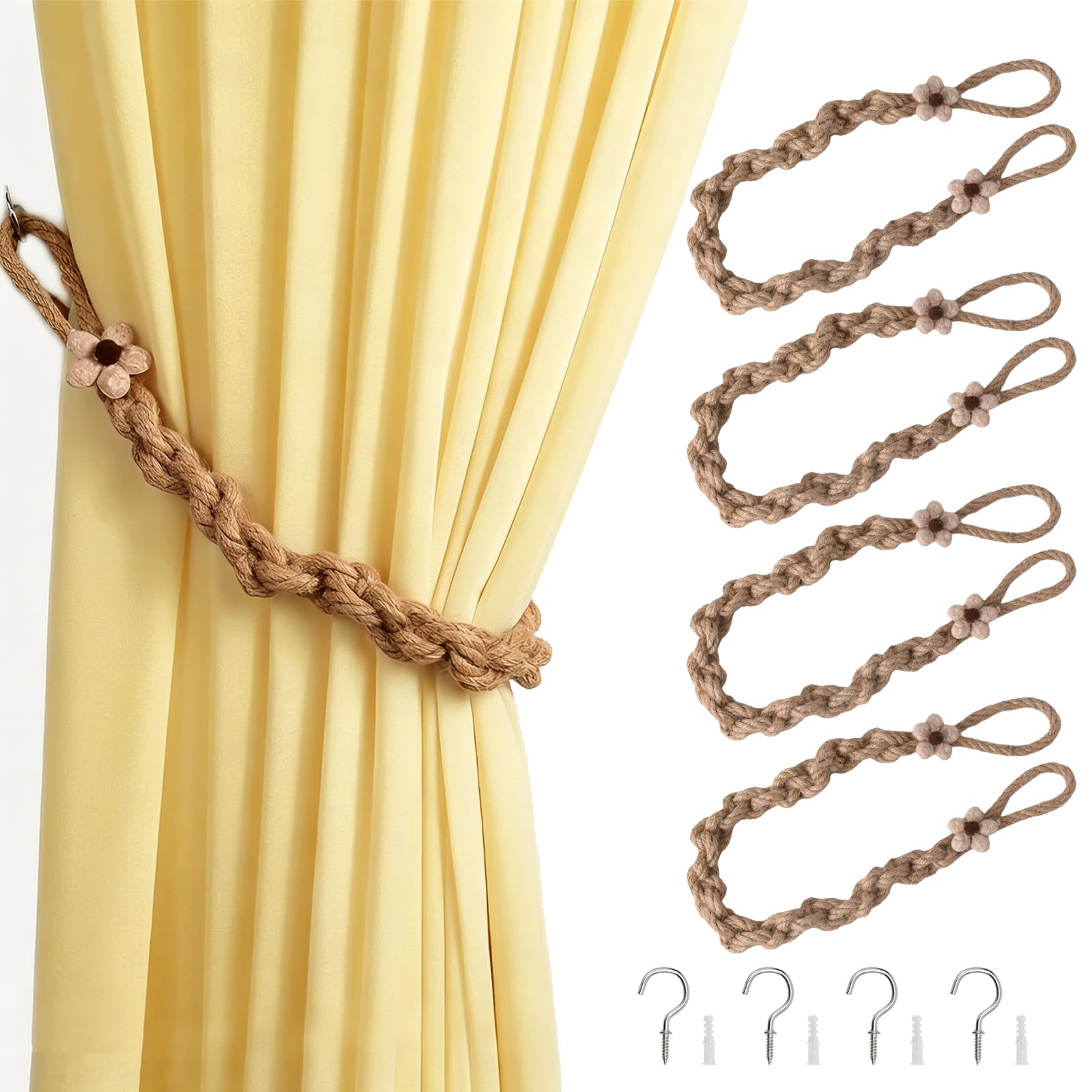 4 Pack Natural Cotton Rope Curtain Tiebacks, Hand Woven Decorative Curtain Holdbacks, Farmhouse Boho Drapery Tie Backs for Window Curtains, Curtain Holders for Home & Office (Khaki)
