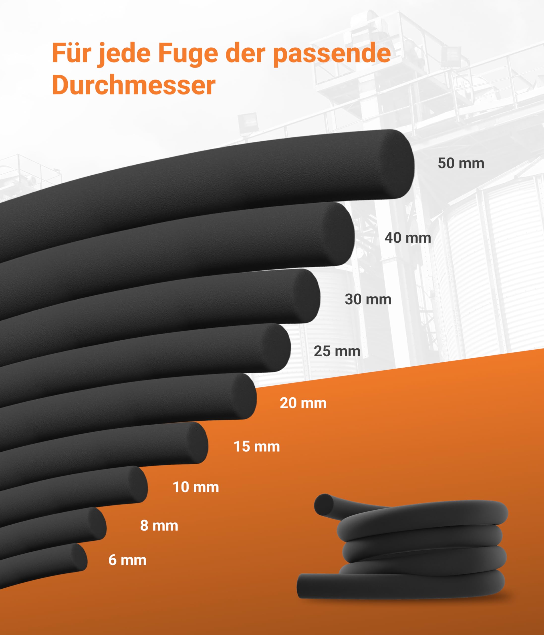 Dichtungen 15m PE Rundschnur Ø 6-50 mm – Perfekte Fugen: Wasserfest, Alterungsbeständig, Schwer Entflammbar – Universell einsetzbar für Innen und Außen – Made in Germany