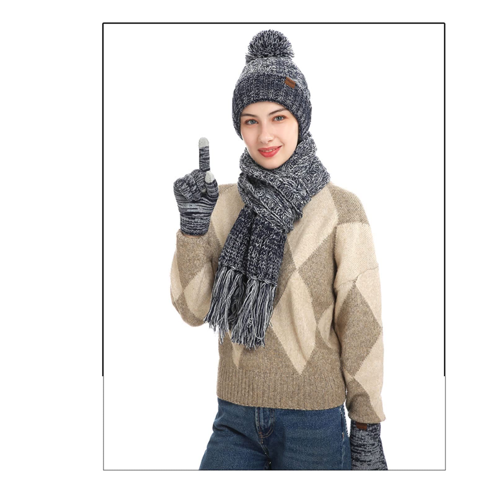 Wygwlg Winter Beanie Mütze Schal Set für Damen, Mütze Schal und Handschuh Set, Damen Wintermützen 3-teilig, 3 Stück Kaltwetter Warm Set für Damen Mädchen (Color : Gray)