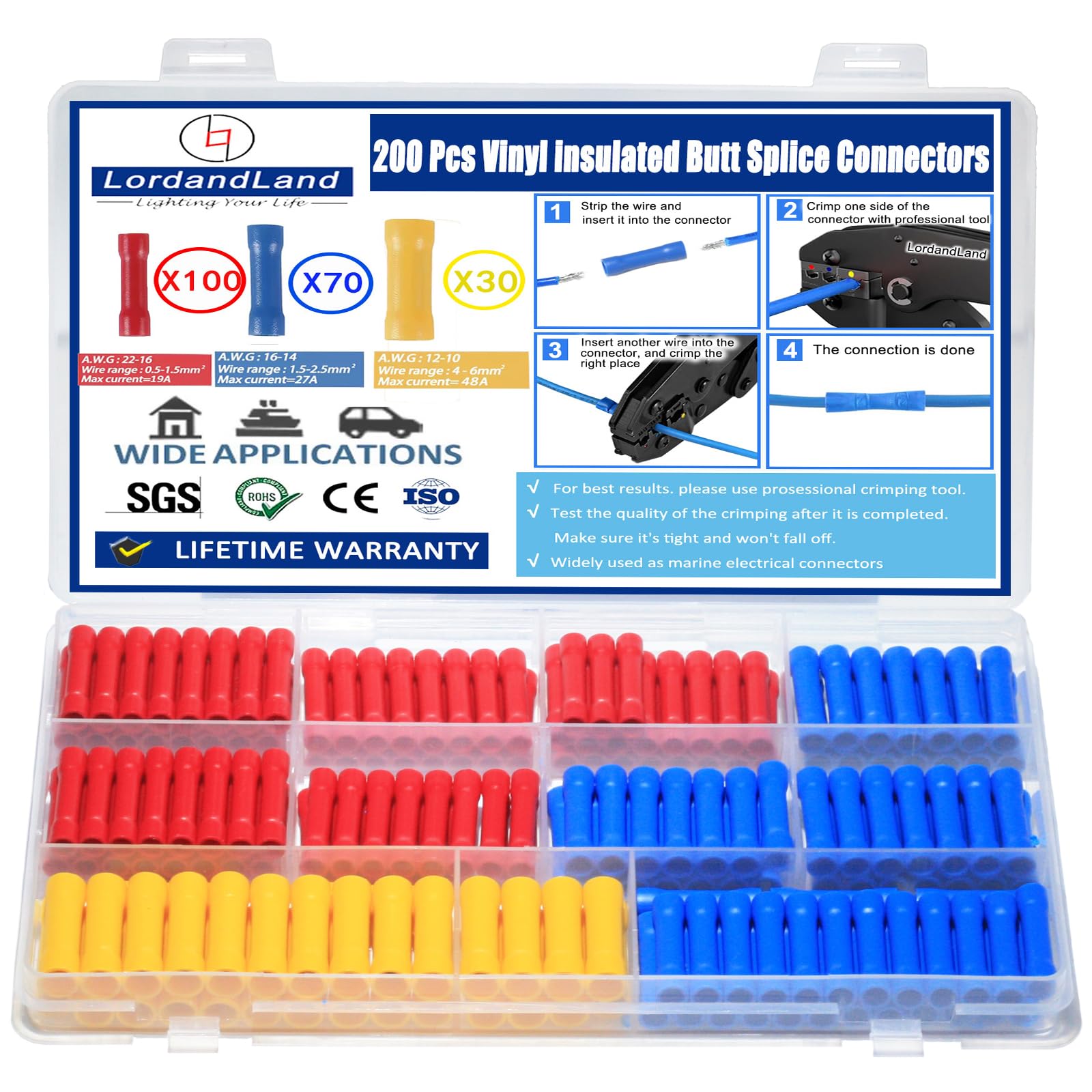 200 Pcs Butt Splice Connectors Kit 22-10 AWG Electrical Crimp Terminal Connector Kits Assorted Butt Splice Crimp Connectors Wiring Straight Crimps