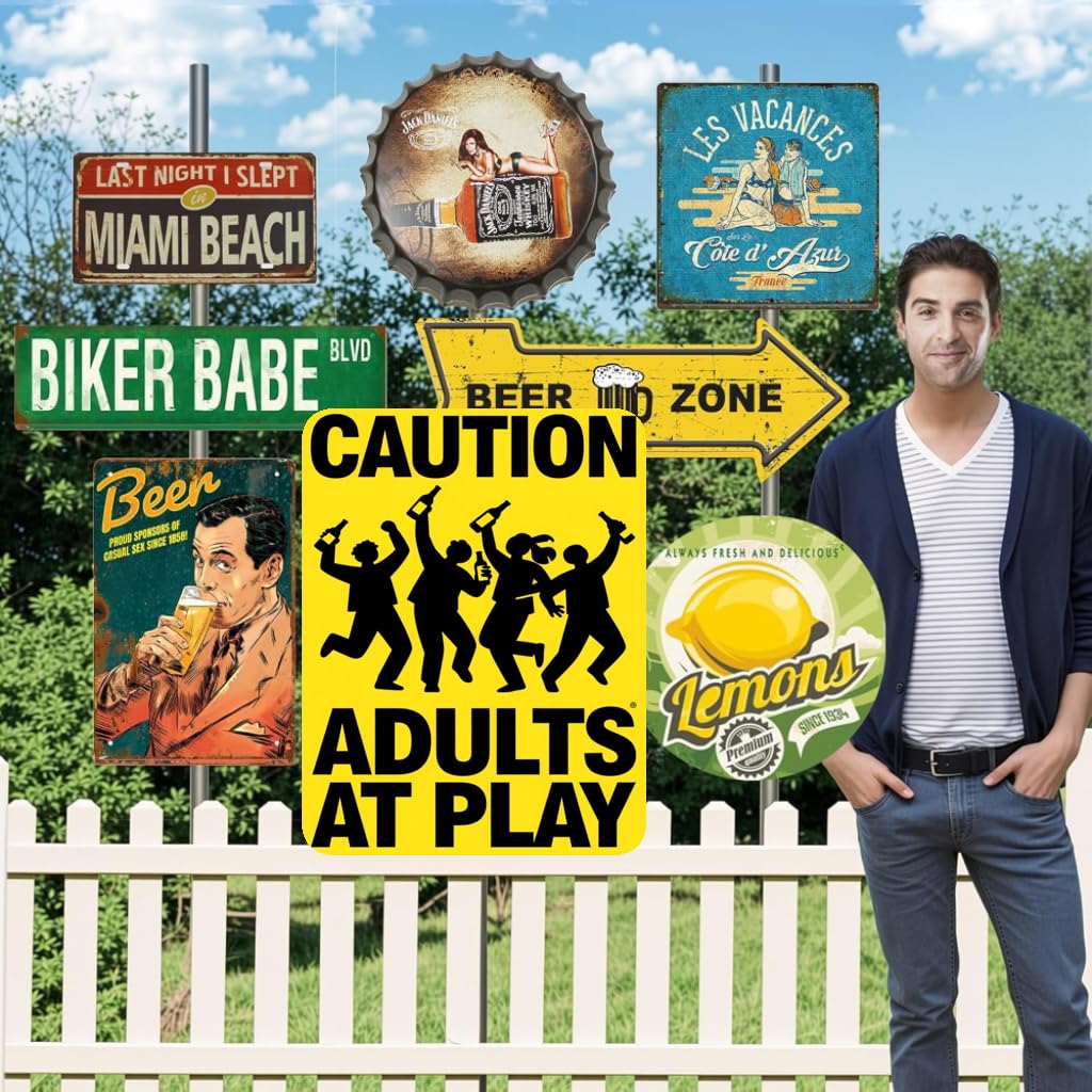 Caution Adults At Play Tin Sign, 8x12 Inch Humorous