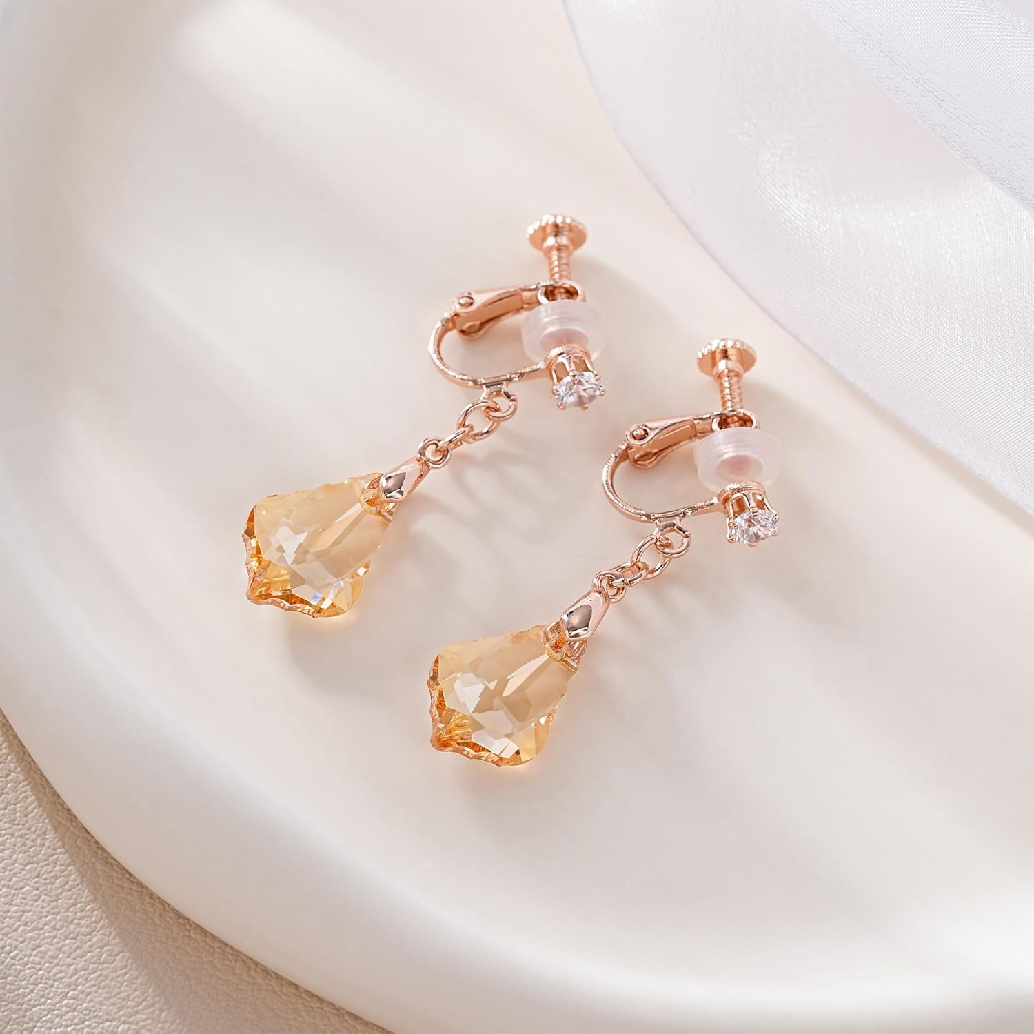 Austrian Crystal Baroque Drop Clip On Dangle Earrings for Women Non Pierced 14K Rose Gold Plated Hypoallergenic Jewelry - Image 4