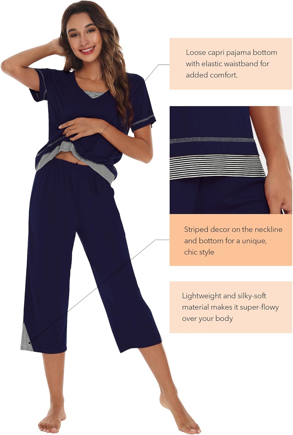 WiWi Bamboo Viscose Pajamas Set for Women Soft Sleepwear Loose comfy Short Tops with Capri Pants Pjs Loungewear S-XXL - Image 3