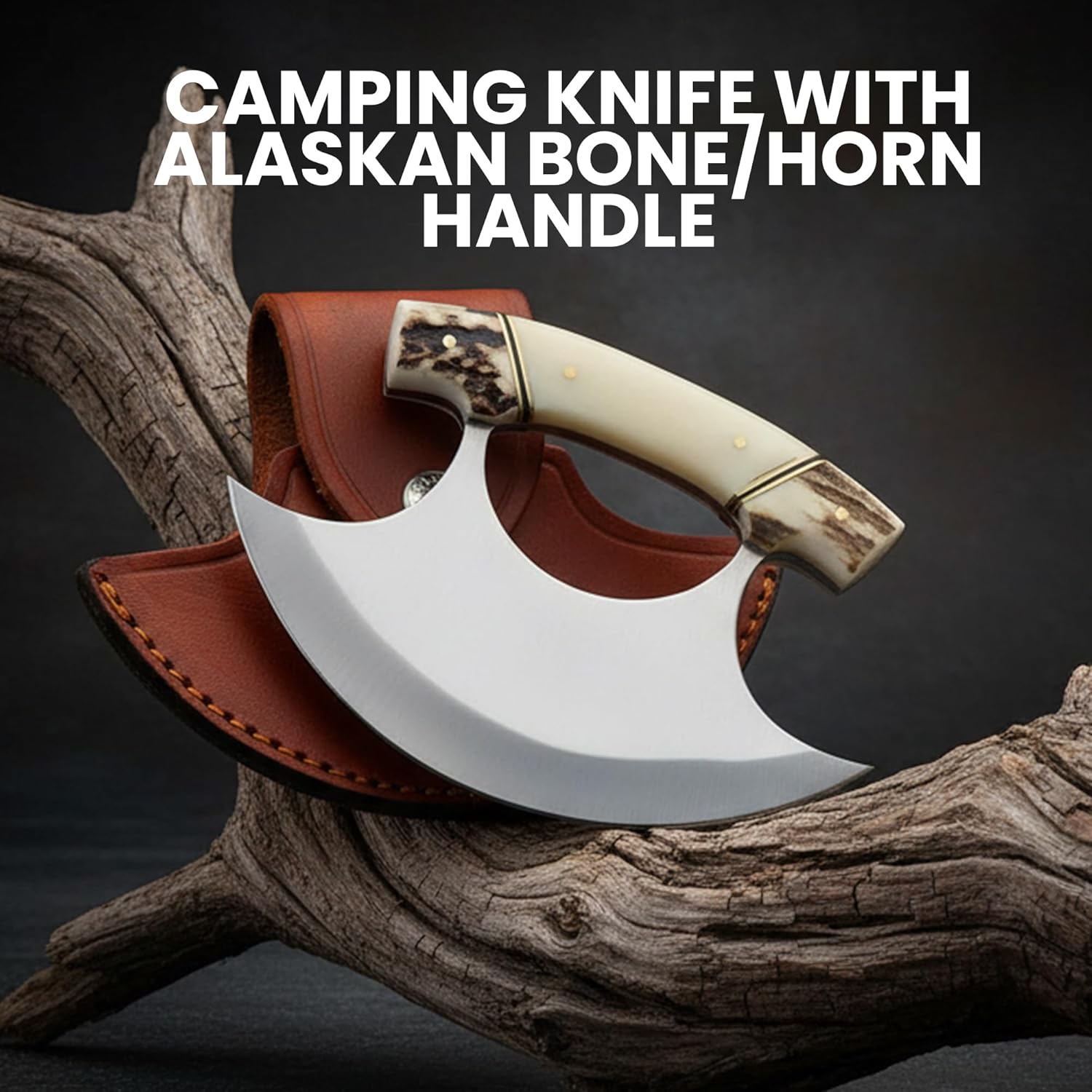 SZCO ULU Hunting Knife 5.5 Inch - Camping Knife with Handle, Stainless Steel Crescent Blade & Sheath for Hunting, Camping & Outdoor uses (Bone Handle wih Stag Tip)