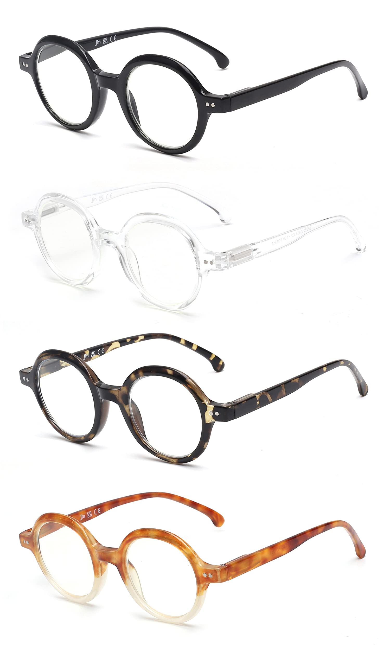 JM 4 Pack Gafas de Lectura Redondos, Lector de Computadora con Bloqueo de Luz Azul para Mujeres y Hombres, Bisagra de Resorte
