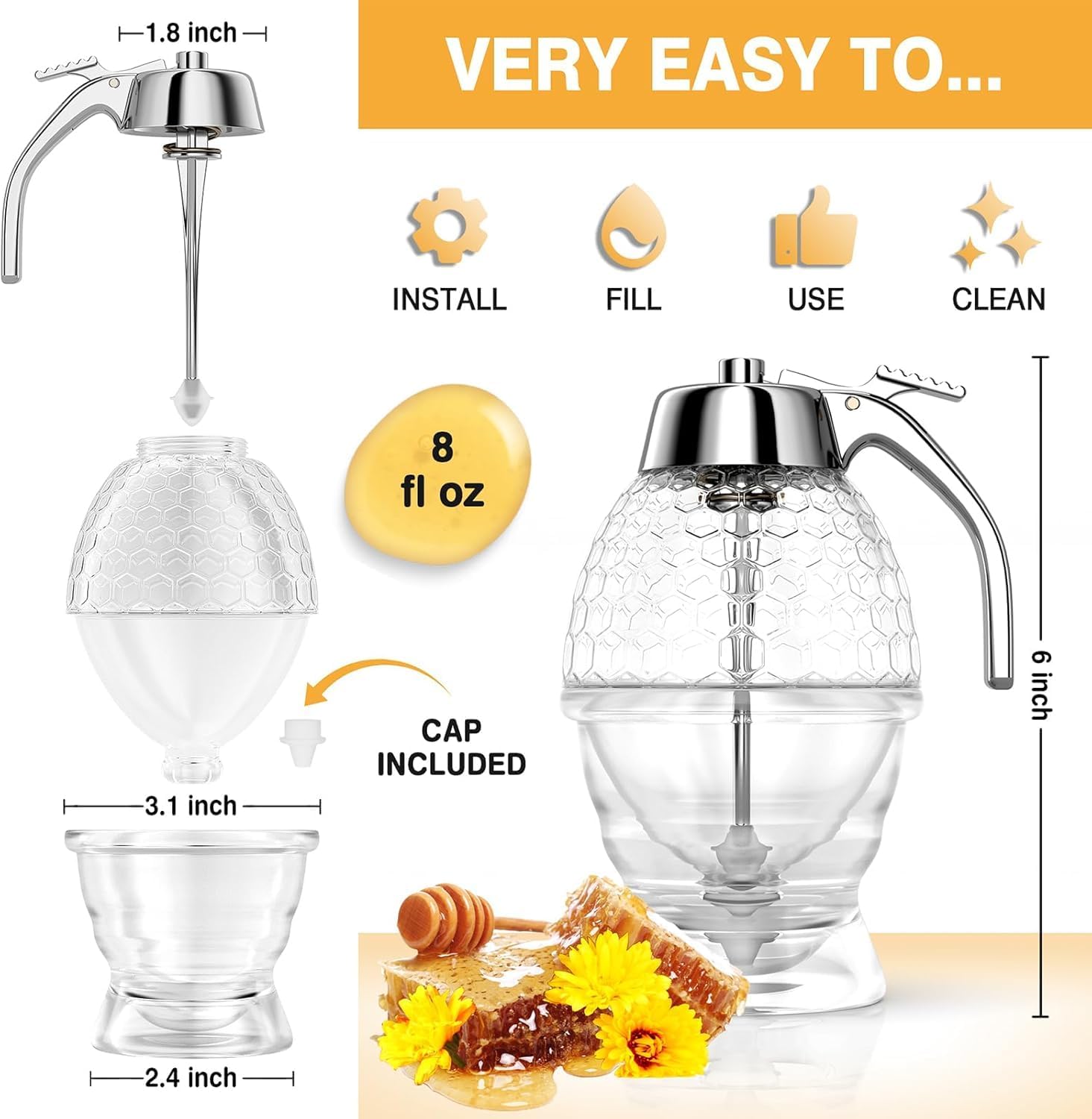 Honey Dispenser No Drip Glass 8 oz with Plastic Top, Beautiful Honeycomb Shaped Honey Jar with Stand - 6" Clear Container, Honey Pot, Maple Syrup Dispenser, Perfect Bee Decoration for Home Kitchen