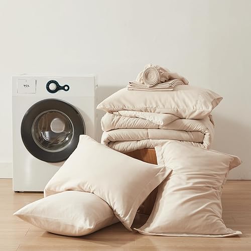 Miniatura 7 de Juego de edredón individual de 5 piezas, ropa de cama beige en una bolsa con sábanas, edredones de tamaño individual con 1 edredón, 1 funda de