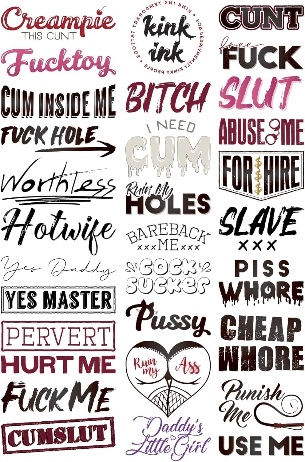 30 Temporary Tattoos Adult Sexy Naughty Hardcore Words and Phrases, Long Lasting Semi Permanent Small to Medium Sized Fake Tattoos for Men and Women on A4 Sheet