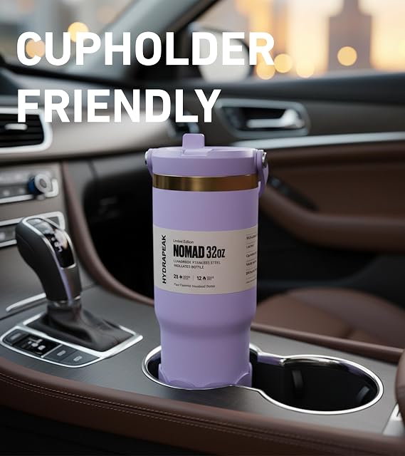 Hydrapeak Nomad 32 oz Tumbler with Handle and Straw Lid, Scallop Silicone Boot, Gold Trim, Leakproof, Double Insulated Stainless Steel Cup (Latte)