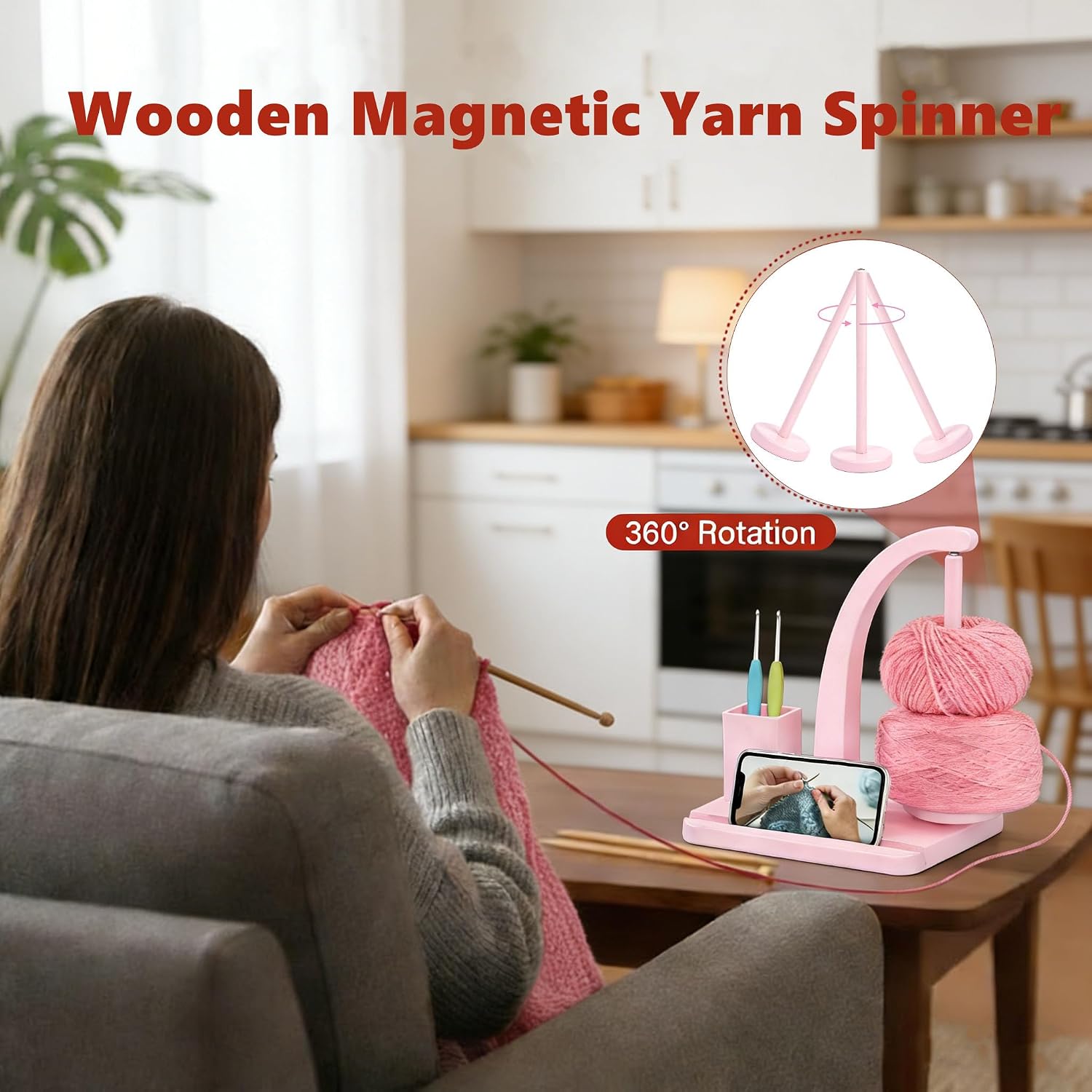 Yarn Holder for Crocheting and Knitting, Wooden Magnetic Yarn Spinner Rotating Holder with Crochet Hooks and Needles, Phone Stand and Storage Organizer (Pink)