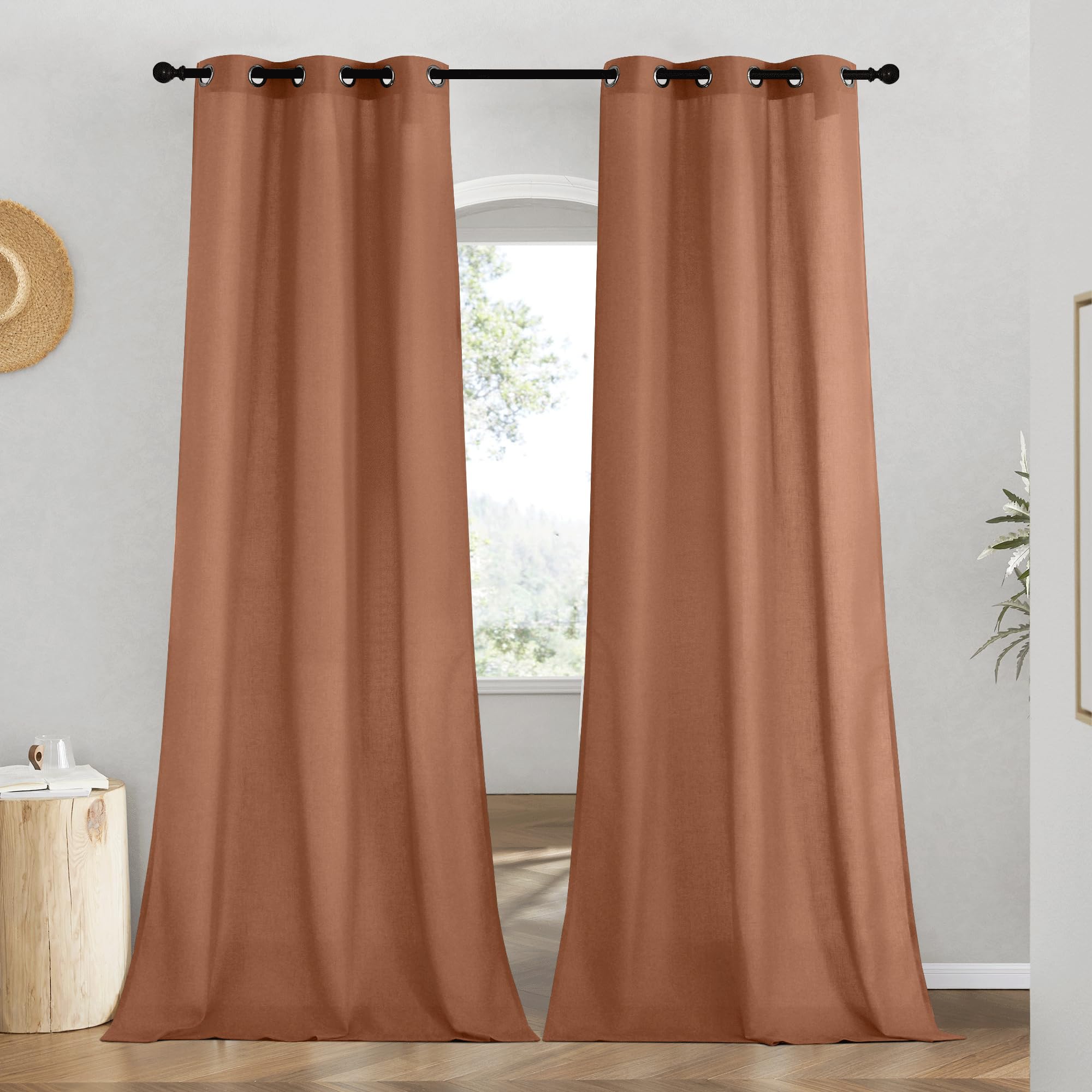 NICETOWN Caramel Linen Curtains for Kitchen, Thick Flax Small Window Treatments Semi Sheer Privacy Assured with Light Through for Cafe/Bathroom, W42 x