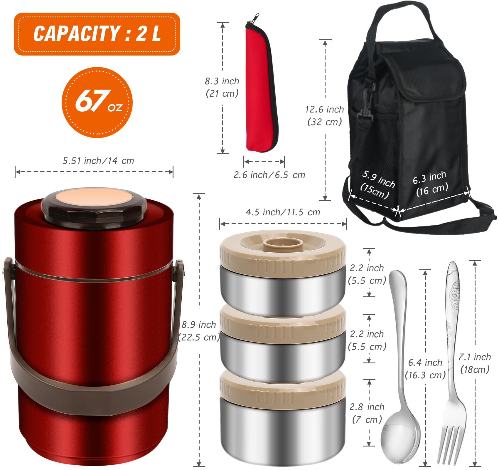 SSAWcasa Thermoskanne für heiße Speisen, 3-lagig, stapelbar, 1,9 l, isolierte Lunchbox, große Suppen-Thermosdose mit Lunchtasche, Löffel, Gabel, Edelstahl, Reise-Bento-Behälter für Erwachsene, Büro,