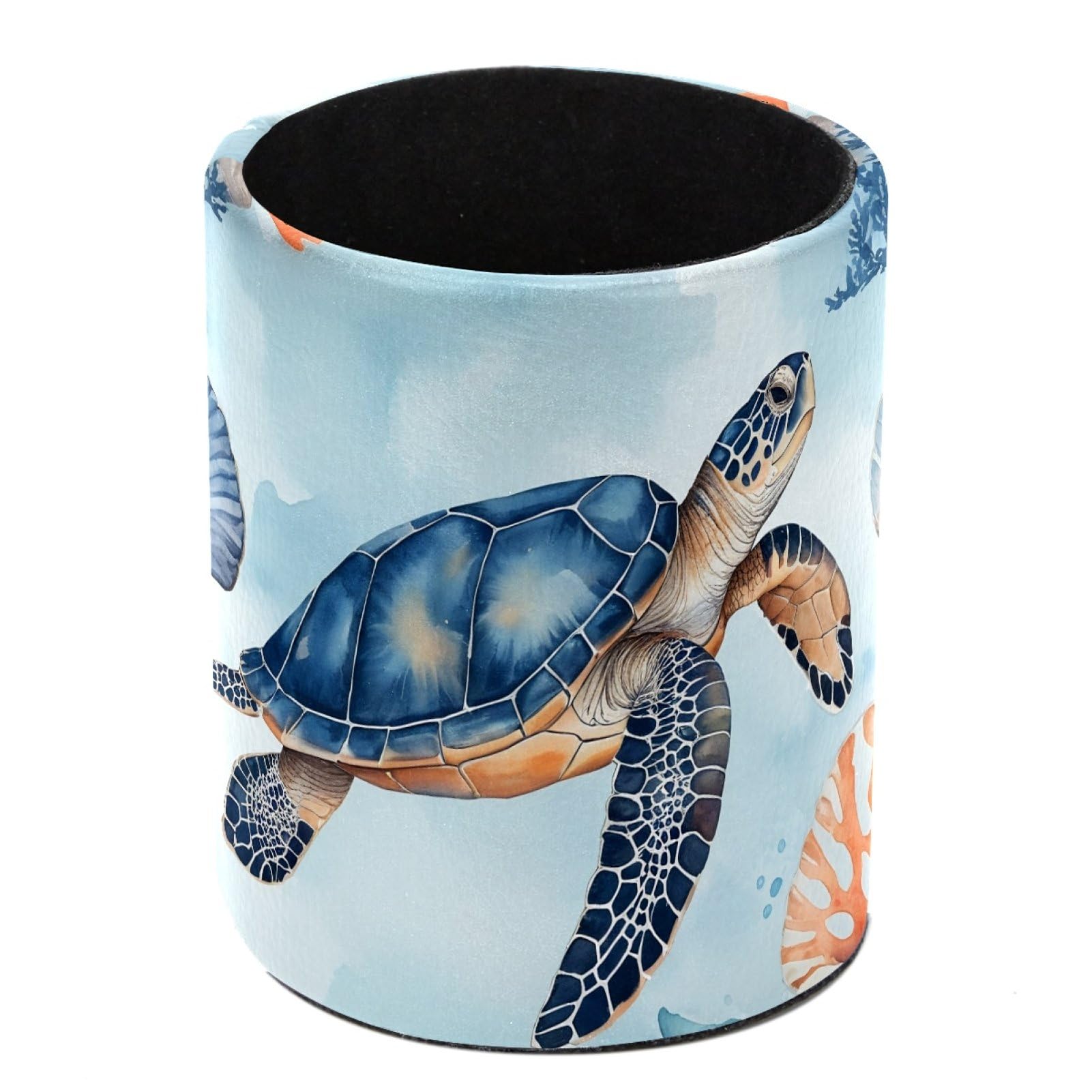HEOEH Ocean Turtle Pen Holder for Desk, PU Leather Pencil Holder Pen Cup Marker Holder Makeup Brush Holders, Desk Accessories & Workspace Organizers for Home, Office