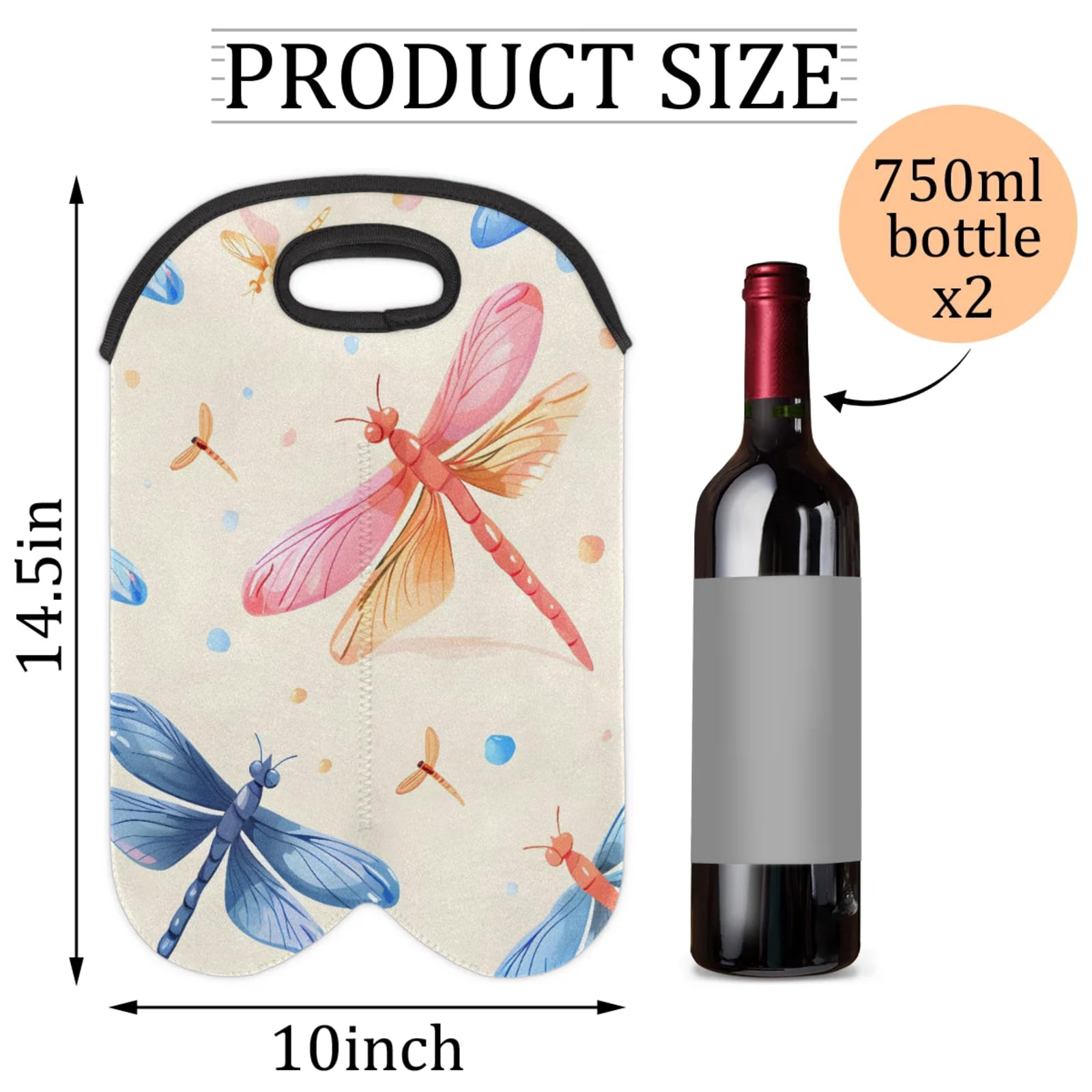 GzLeyigou 2 Bottles Iridescent dragonfly Wine Bag Sleeve Totes Neoprene Protective Wine Carrier Bag for Wine,Water, Champagne, Beer, Baby Bottles,Gift 14.5 x 10 Inches