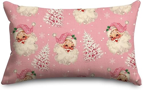 AnyDesign - Funda de almohada de árbol de Navidad rosa de Papá Noel, 12 x 20 pulgadas, funda de cojín de Navidad para fiesta, hogar, granja, sofá,