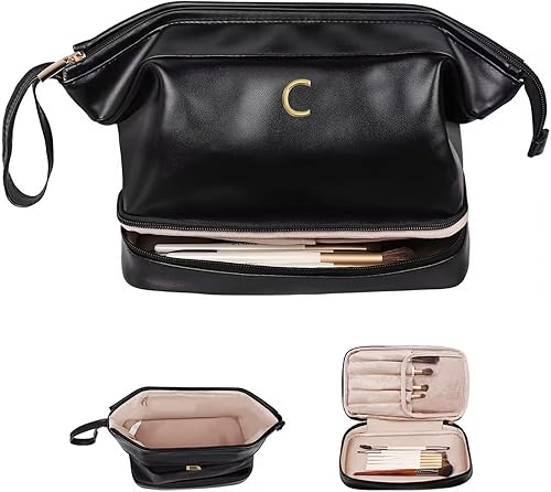 Miniatura 105 de Regalo de cumpleaños para hija - Bolso grande de maquillaje inicial, bolso cosmético personalizado de doble capa con organizador de brochas