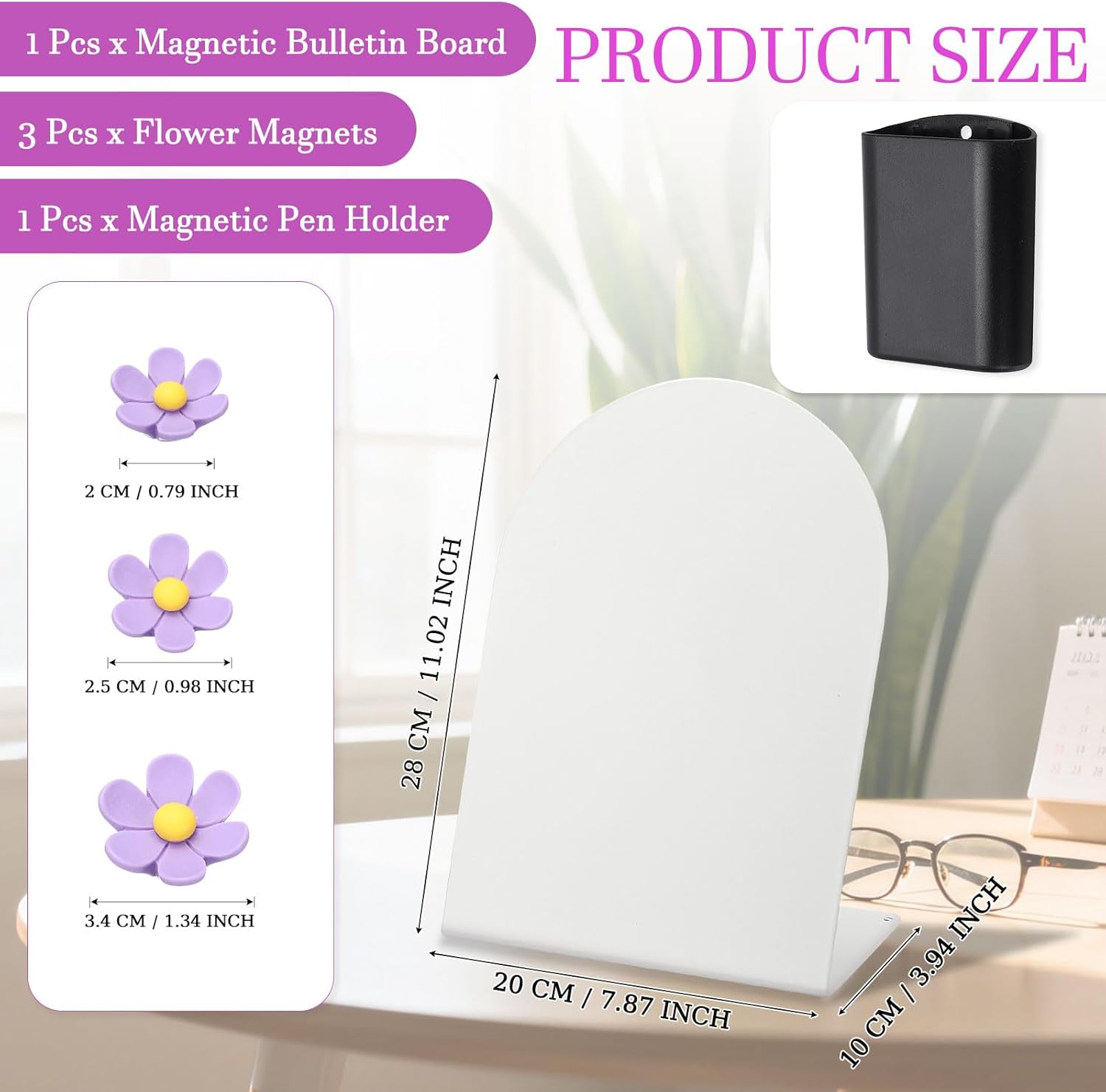 PATIKIL Magnetic Bulletin Board, Memo Magnet Display Stand Board with 3 Flower Magnets & Pen Holder for Home Office Kitchen Restaurant Cafe Supplies, White/Purple/Black