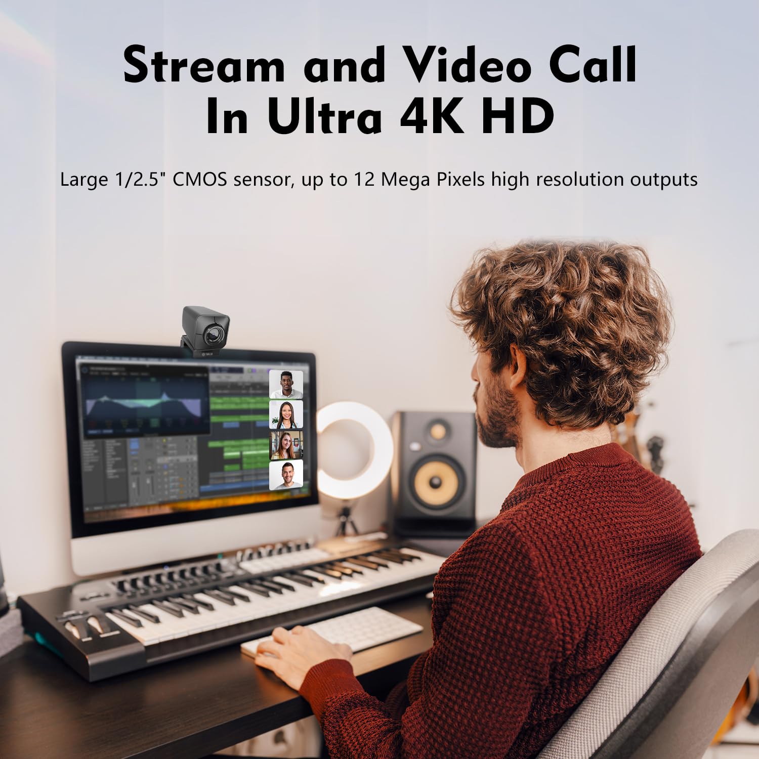 TOALLIN Cámara web 4K para transmisión, control remoto, sensor de 1/2.5 pulgadas y 12 MP, enfoque automático PDAF, micrófonos dobles de reducción de ruido, zoom digital 5X y espejo de imagen, cámara